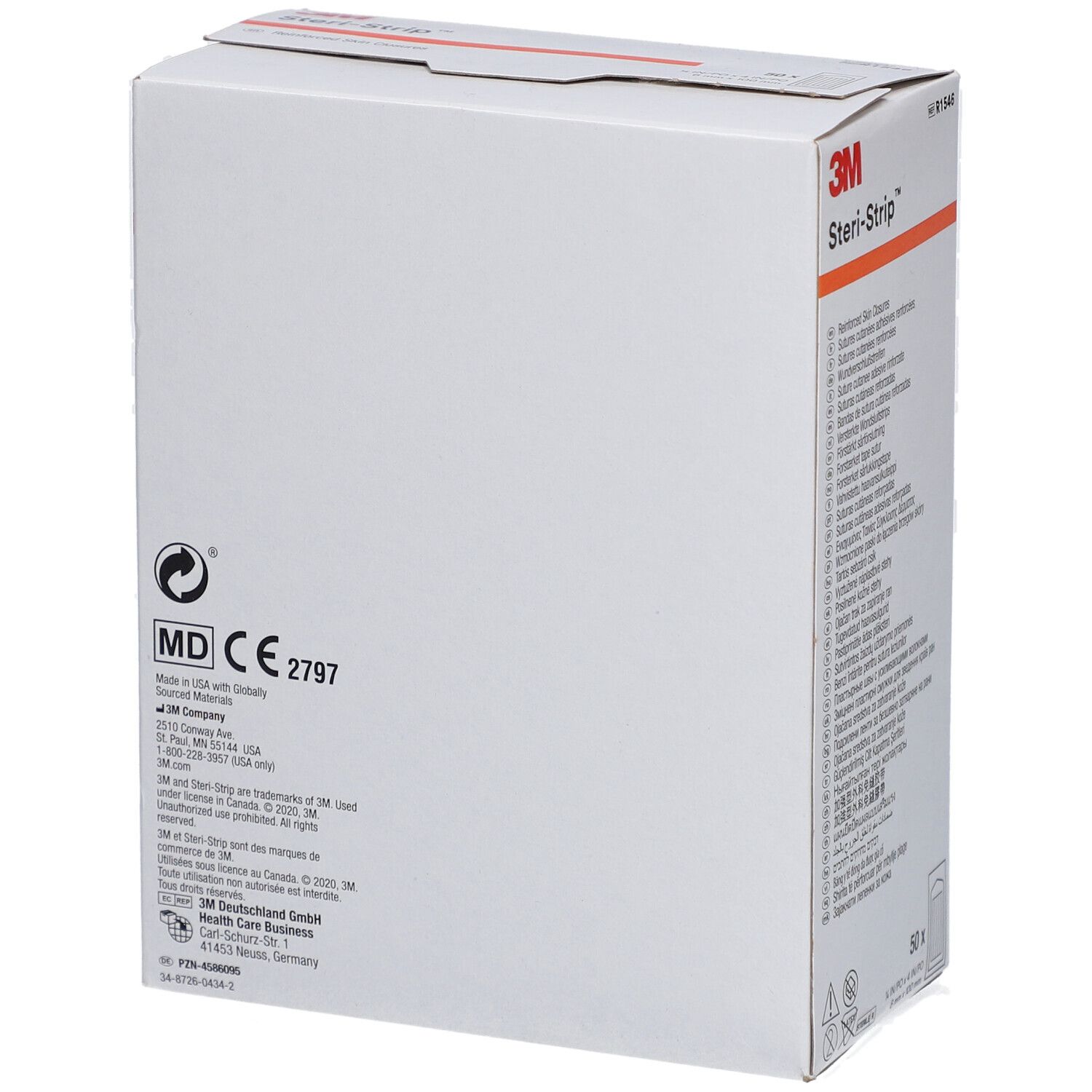 Rückseite der 3M Steri-Strip Box. Weißer Karton mit Logos, MD CE 2797 Kennzeichnung und Herstellerinformationen.