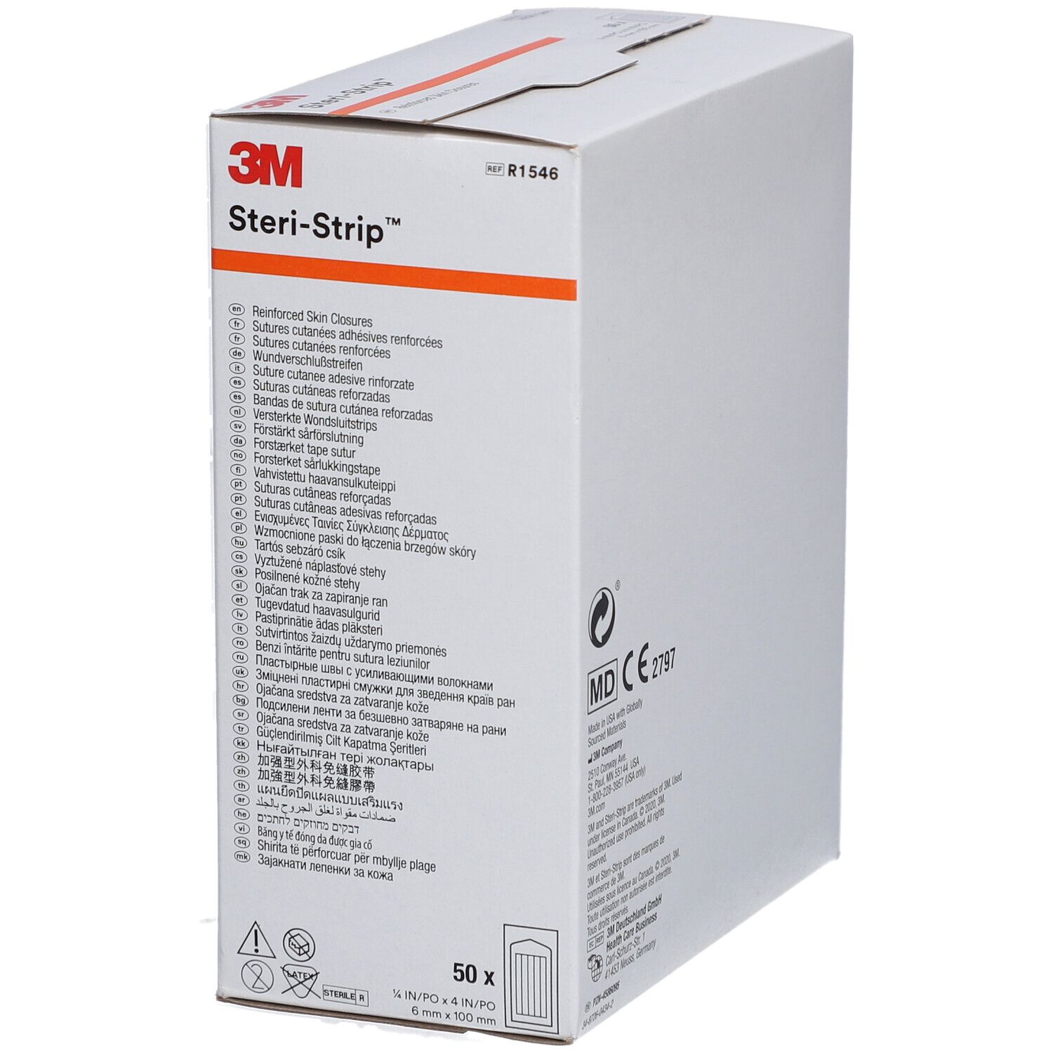 3M Steri-Strip Box. Weißer Karton mit Produktnamen und Texten in mehreren Sprachen. Enthält 50 Stück, 6 x 100 mm.