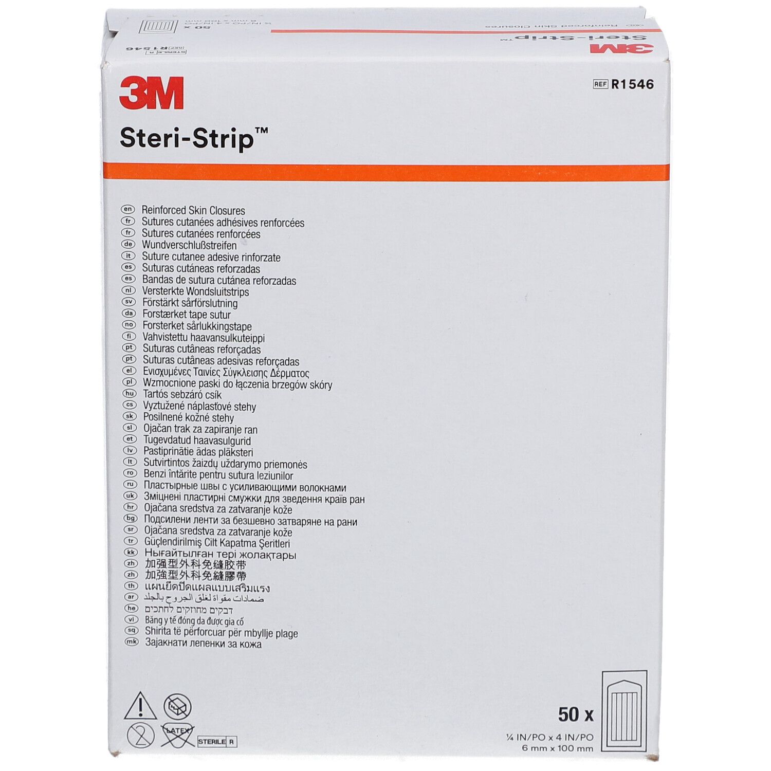 3M Steri-Strip Box. Weißer Karton mit Produktnamen und Texten in mehreren Sprachen. Enthält 50 Stück, 6 x 100 mm.