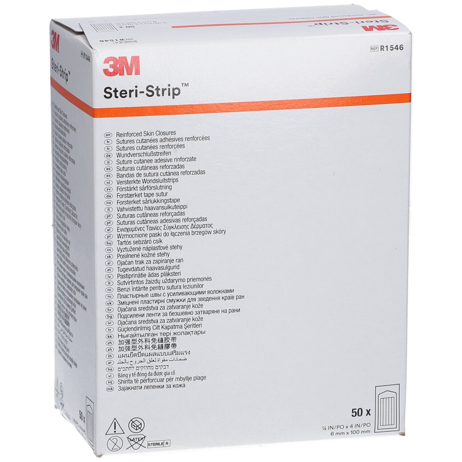 3M Steri-Strip Box. Weißer Karton mit Produktnamen und Texten in mehreren Sprachen. Enthält 50 Stück, 6 x 100 mm.