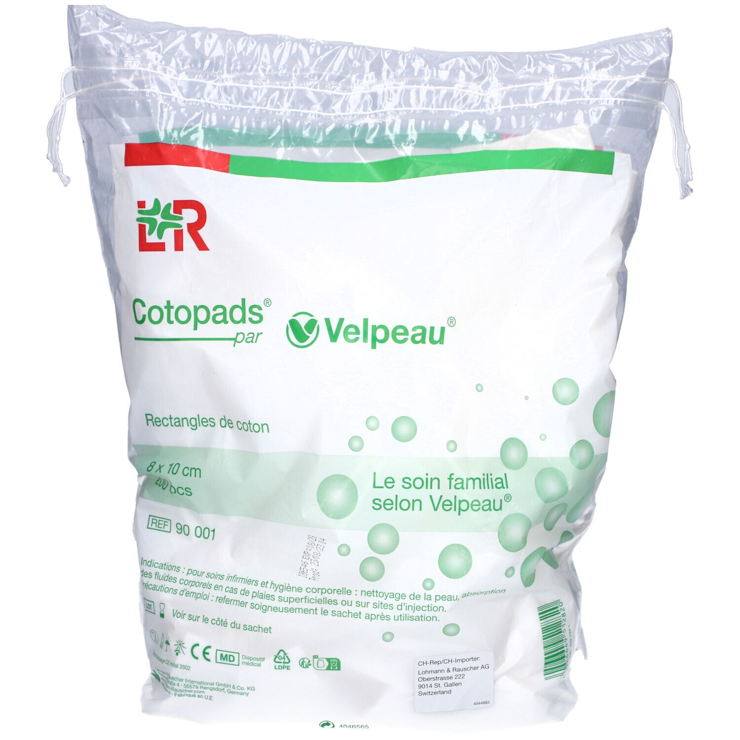 Sachet de Cotopads Velpeau. Dimensions 8 x 10 cm, rectangles de coton. Inscription : Le soin familial selon Velpeau. Marque CE.