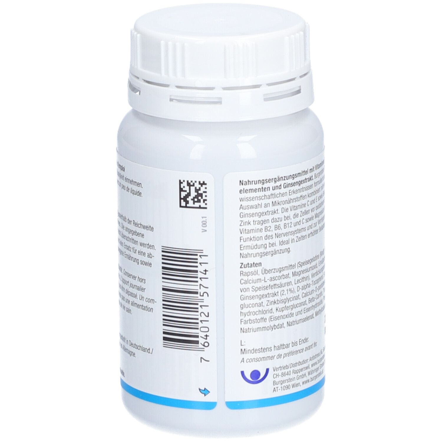 Rückseite der weißen Flasche mit Burgerstein TopFit. Barcode und Text mit Inhaltsstoffen.