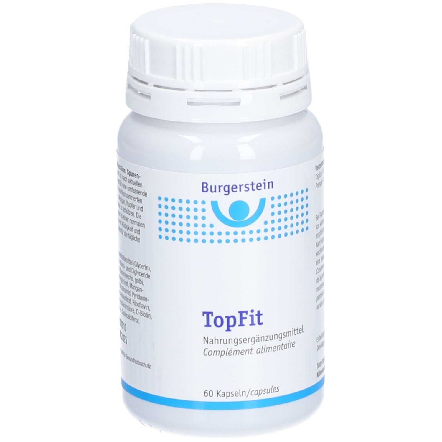 Weiße Flasche mit Burgerstein TopFit Kapseln. Aufschrift: Nahrungsergänzungsmittel. 60 Kapseln.