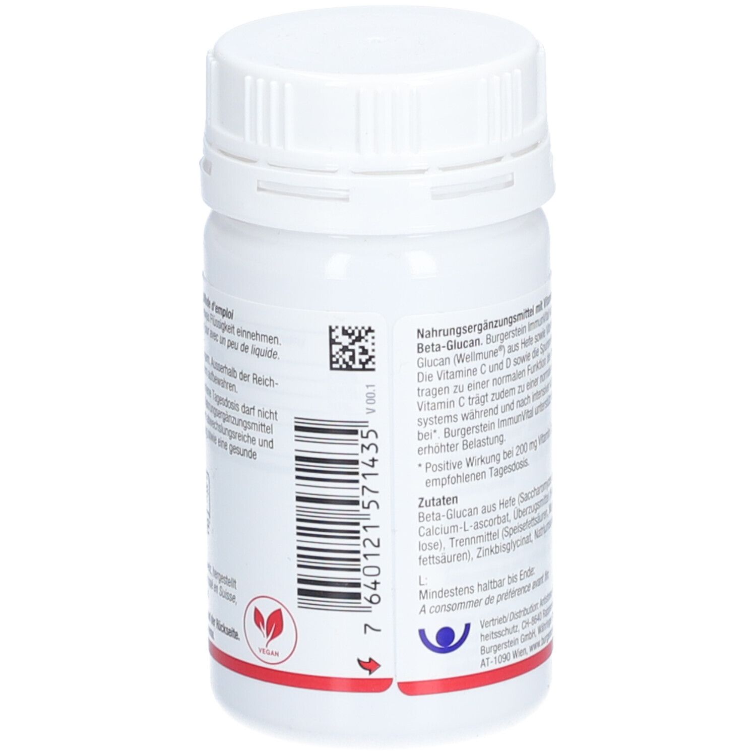 Rückseite der weißen Flasche. Barcode, veganes Logo und Textinformationen.