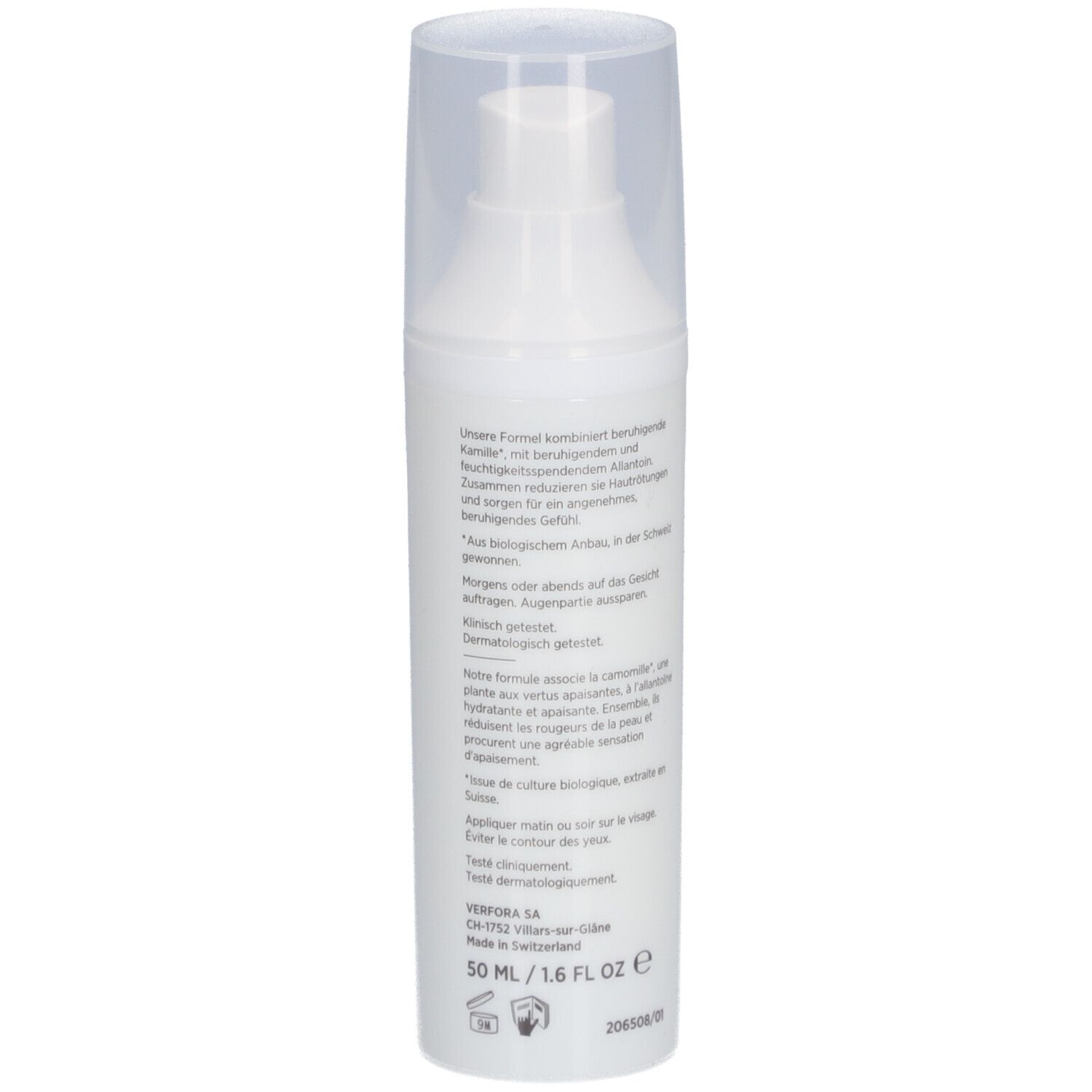 Weiße Flasche mit Pumpverschluss. Text auf der Seite. 50 ml / 1.6 FL OZ e. Hergestellt in der Schweiz.