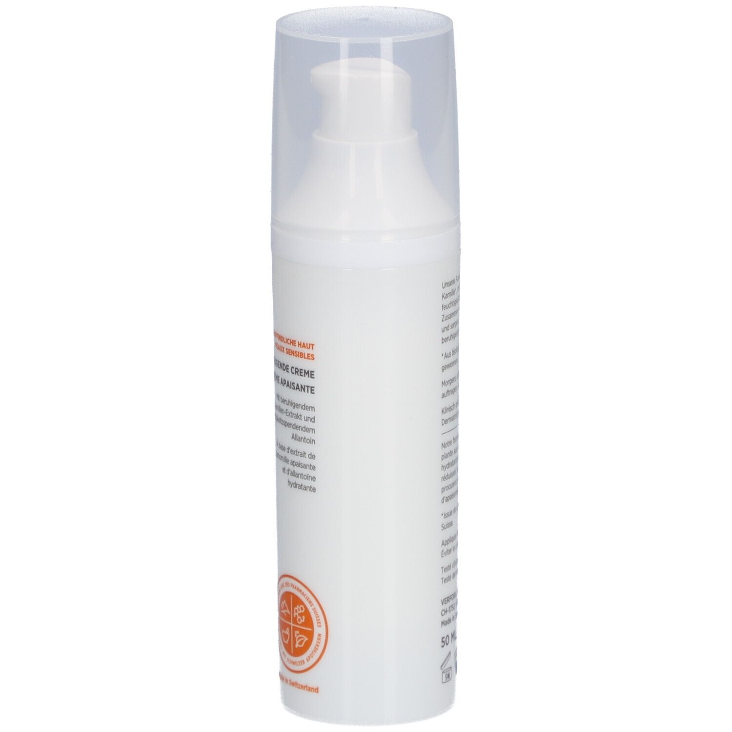 Weiße Flasche mit Pumpverschluss. Aufschrift: DERMAFORA, Beruhigende Creme. Logos und Text.