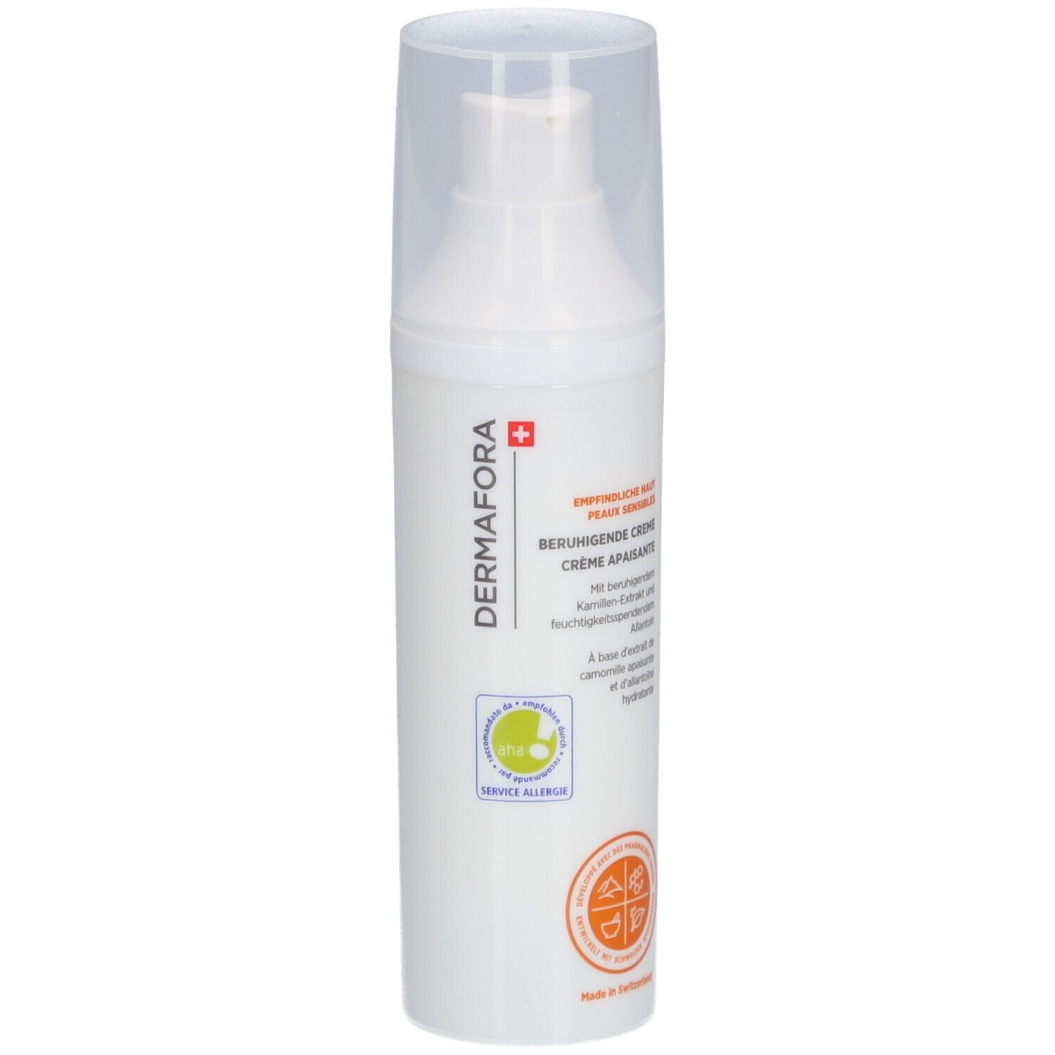 Weiße Flasche mit Pumpverschluss. Aufschrift: DERMAFORA, Beruhigende Creme. Logos und Text.