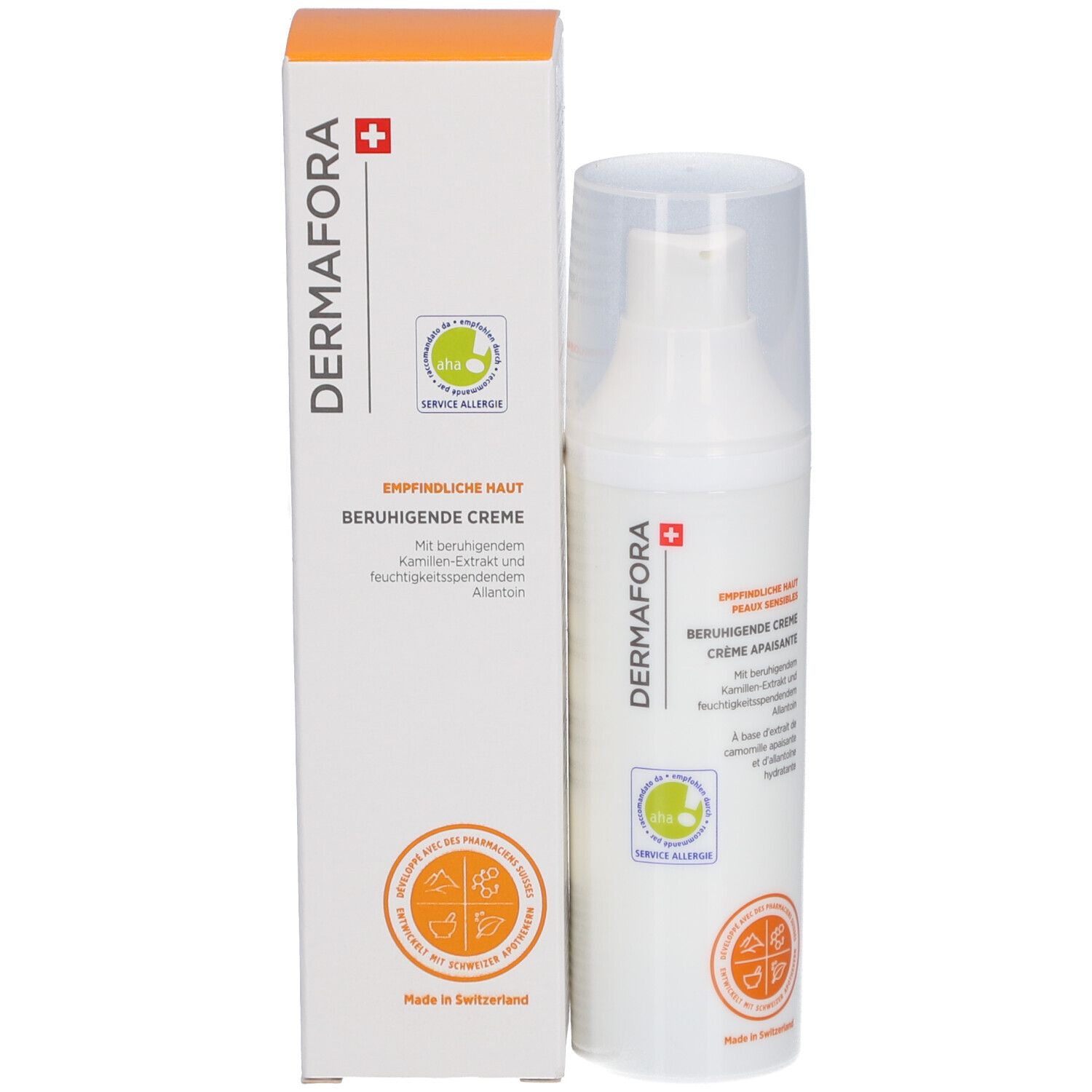 Produktflasche und Verpackung. Aufschrift: DERMAFORA, Beruhigende Creme. Logos und Text.