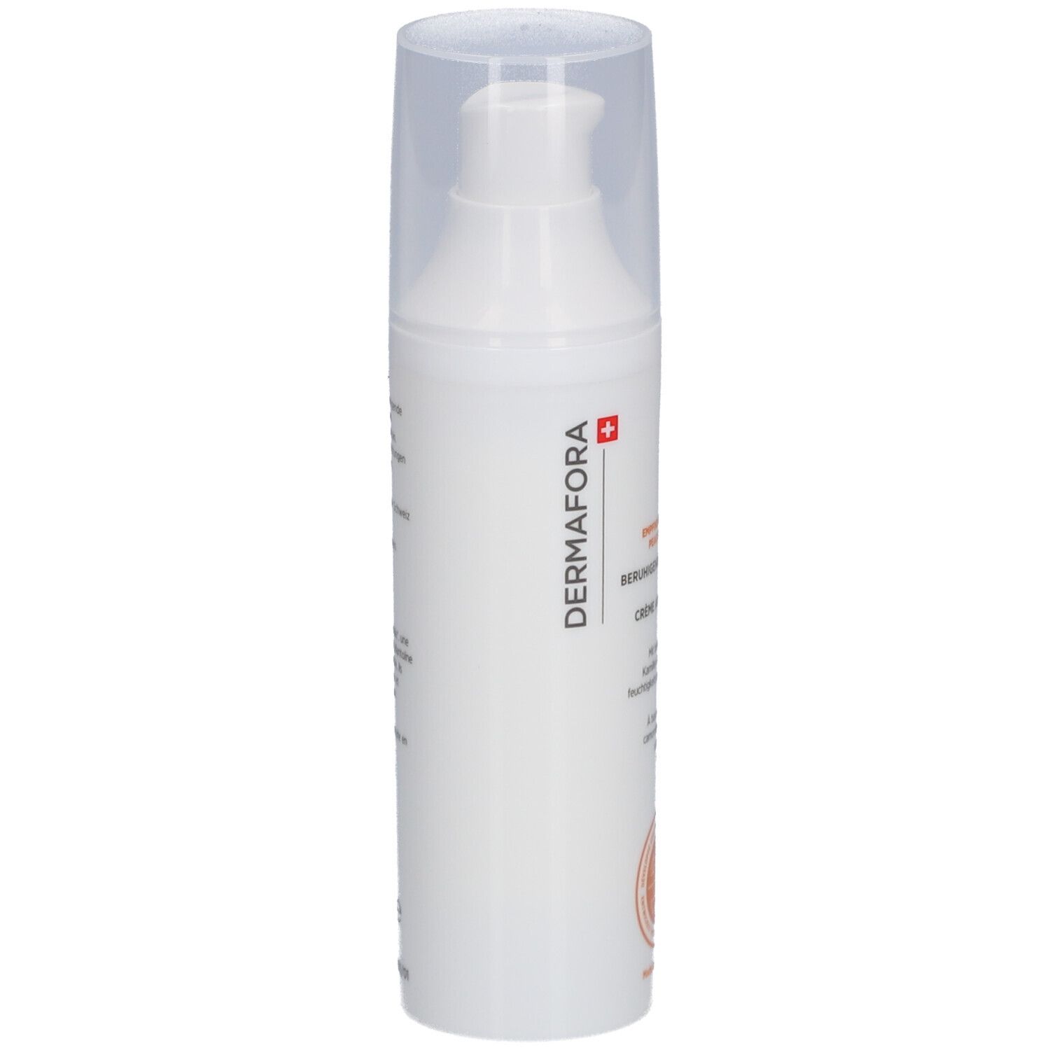 Weiße Flasche mit Spender, Seitenansicht. Aufschrift: DERMAFORA. Schweizer Kreuz. Text.