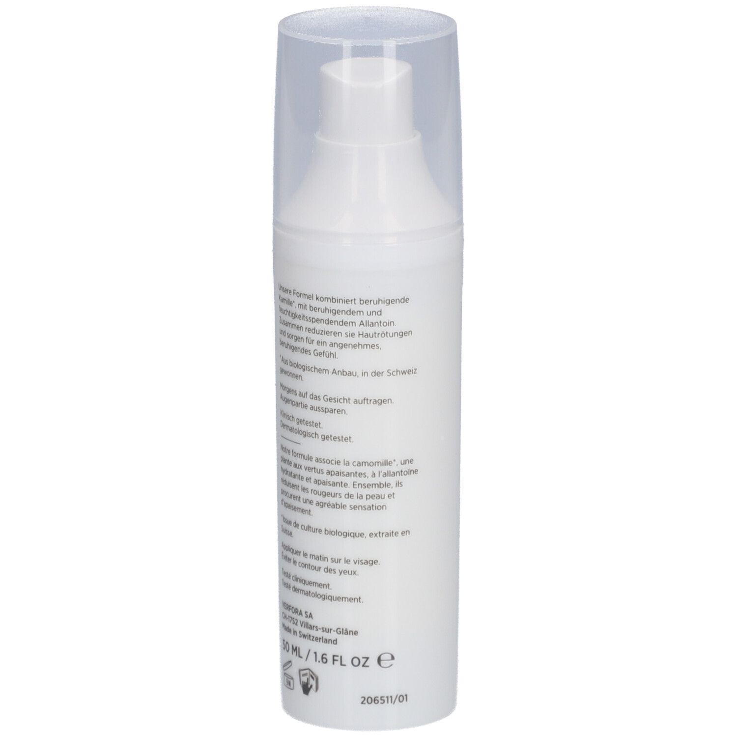 Weiße Flasche mit Spender, Rückansicht. Text. Aufschrift: DERMAFORA. Schweizer Kreuz. 50 ml/1.6 FL OZ e.