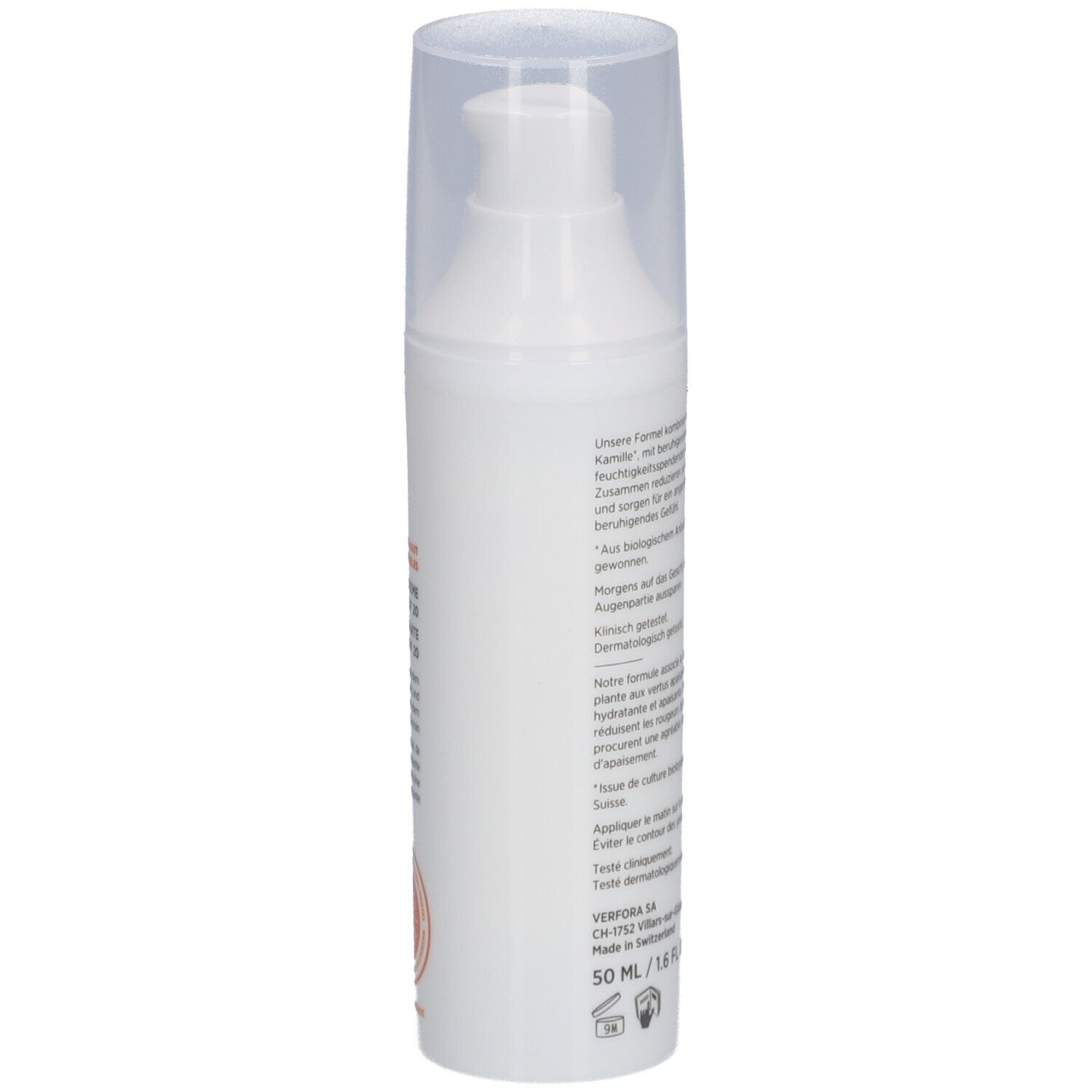 Weiße Flasche mit Spender, Seitenansicht. Text. Aufschrift: DERMAFORA. Schweizer Kreuz. 50 ml/1.6 FL OZ e.