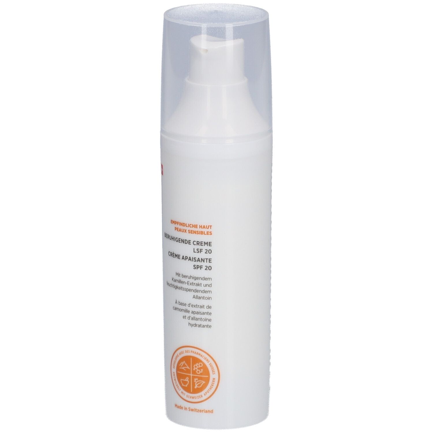 Weiße Flasche mit Spender. Aufschrift: DERMAFORA, Beruhigende Creme LSF 20. Schweizer Kreuz.