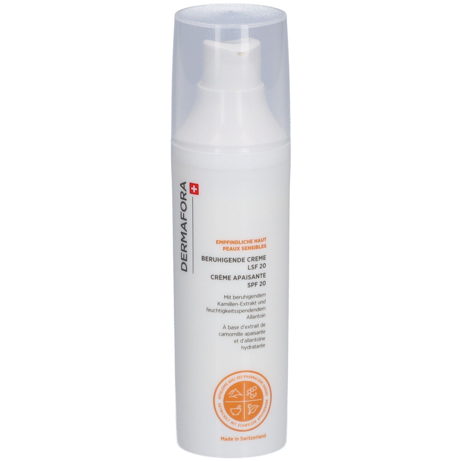 Weiße Flasche mit Spender. Aufschrift: DERMAFORA, Beruhigende Creme LSF 20. Schweizer Kreuz.