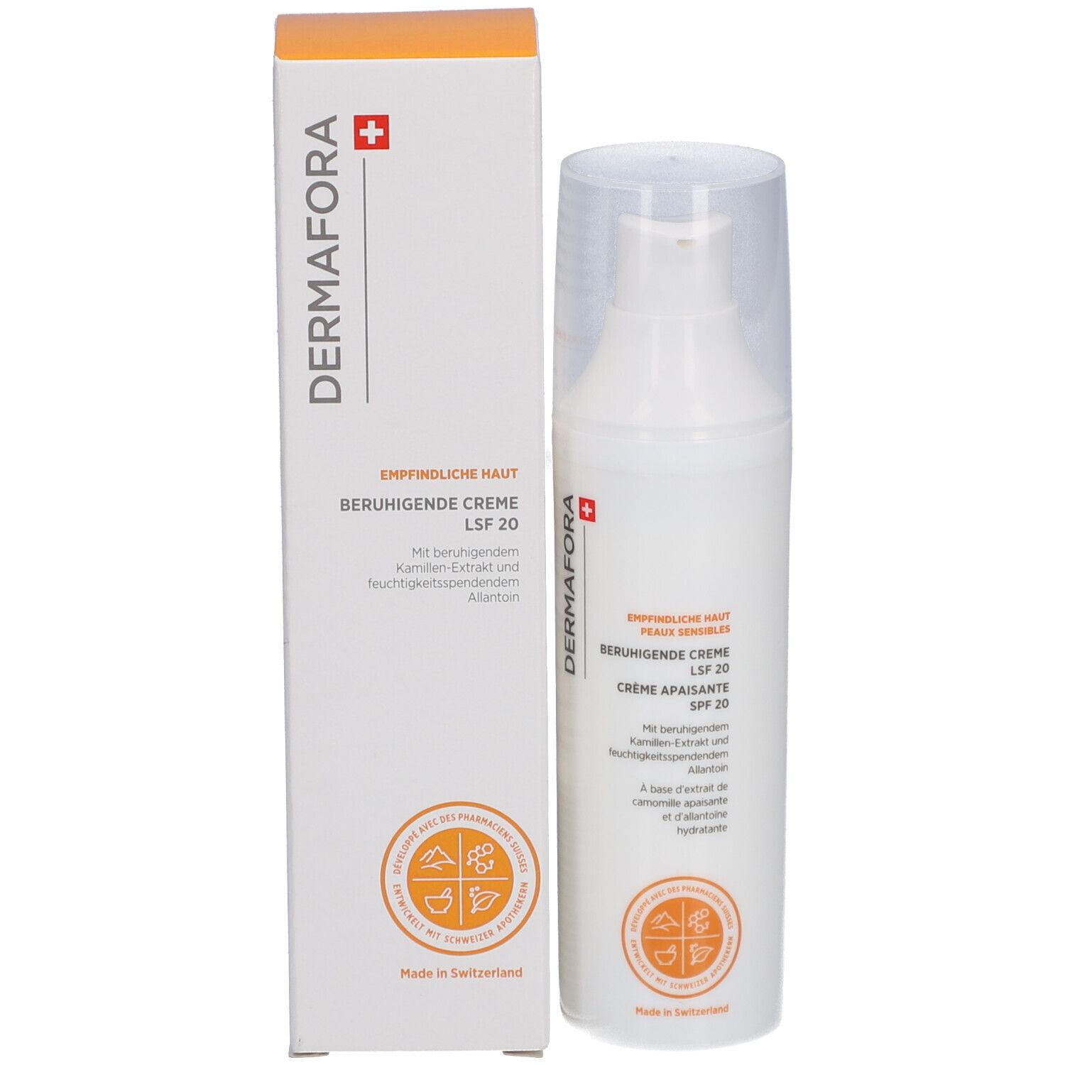 Produkt mit Verpackung. Weiße Flasche mit Spender und Karton. Aufschrift: DERMAFORA, Beruhigende Creme LSF 20.