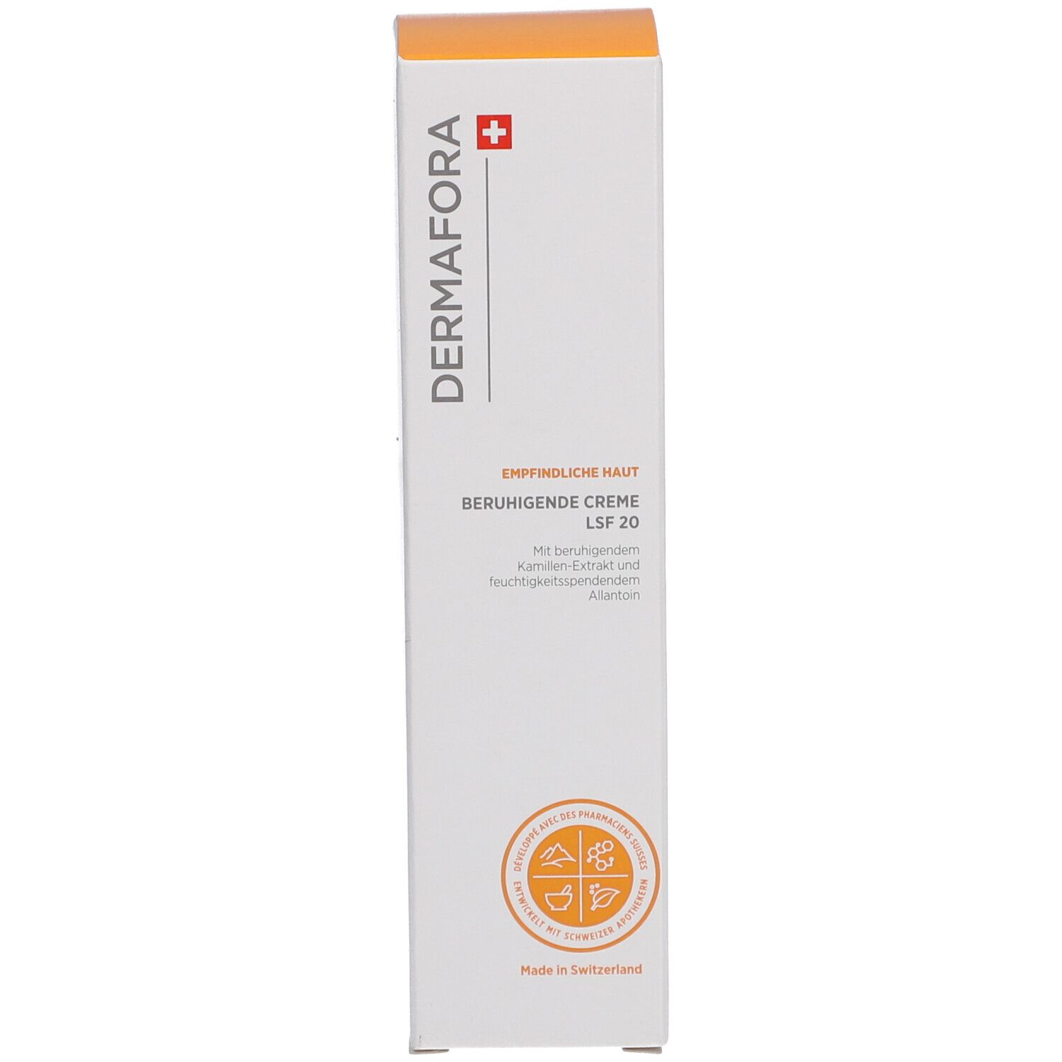 Karton. Aufschrift: DERMAFORA, Beruhigende Creme LSF 20. Schweizer Kreuz. Orangefarbene Elemente.