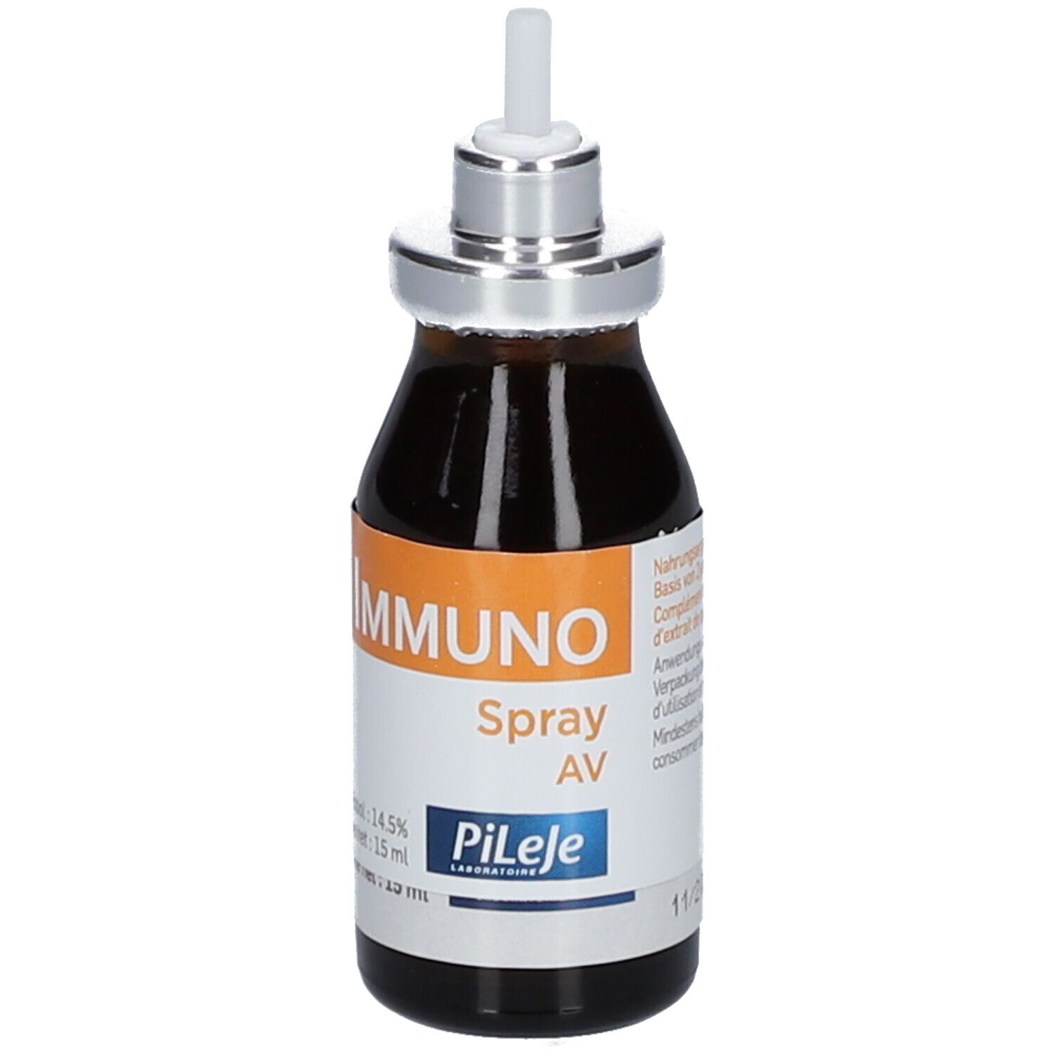 Braune Glasflasche mit Sprühaufsatz. Aufkleber mit "IMMUNO Spray AV" und "Pileje".