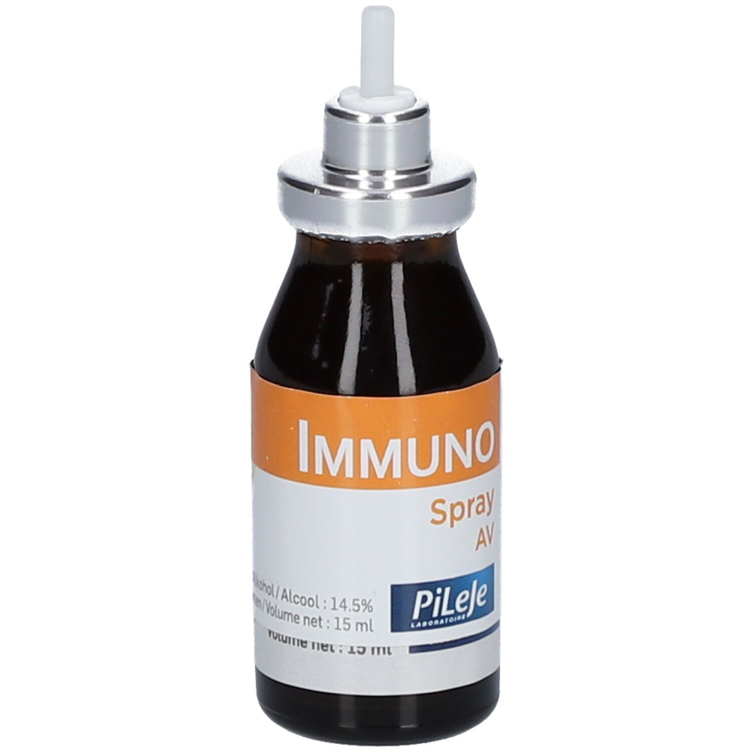 Braune Glasflasche mit Sprühaufsatz. Aufkleber mit "IMMUNO Spray AV" und "Pileje".