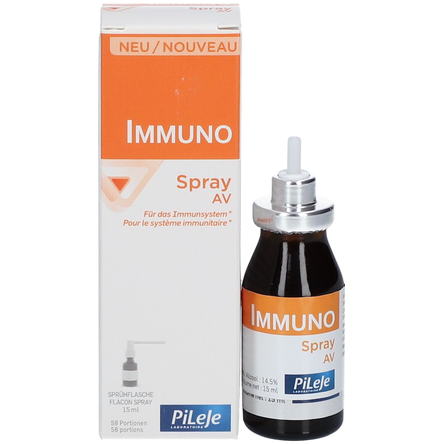 Produktflasche und Verpackung. Aufschrift "IMMUNO Spray AV" und "Pileje".