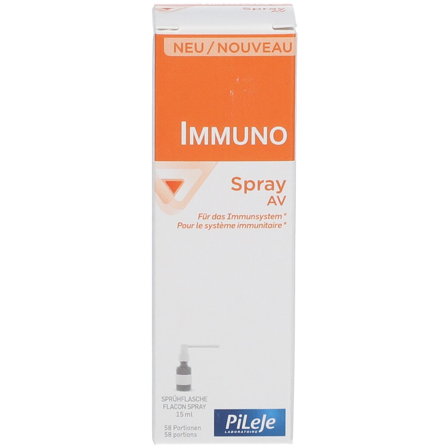 Produktverpackung. Aufschrift "IMMUNO Spray AV" und "Pileje".