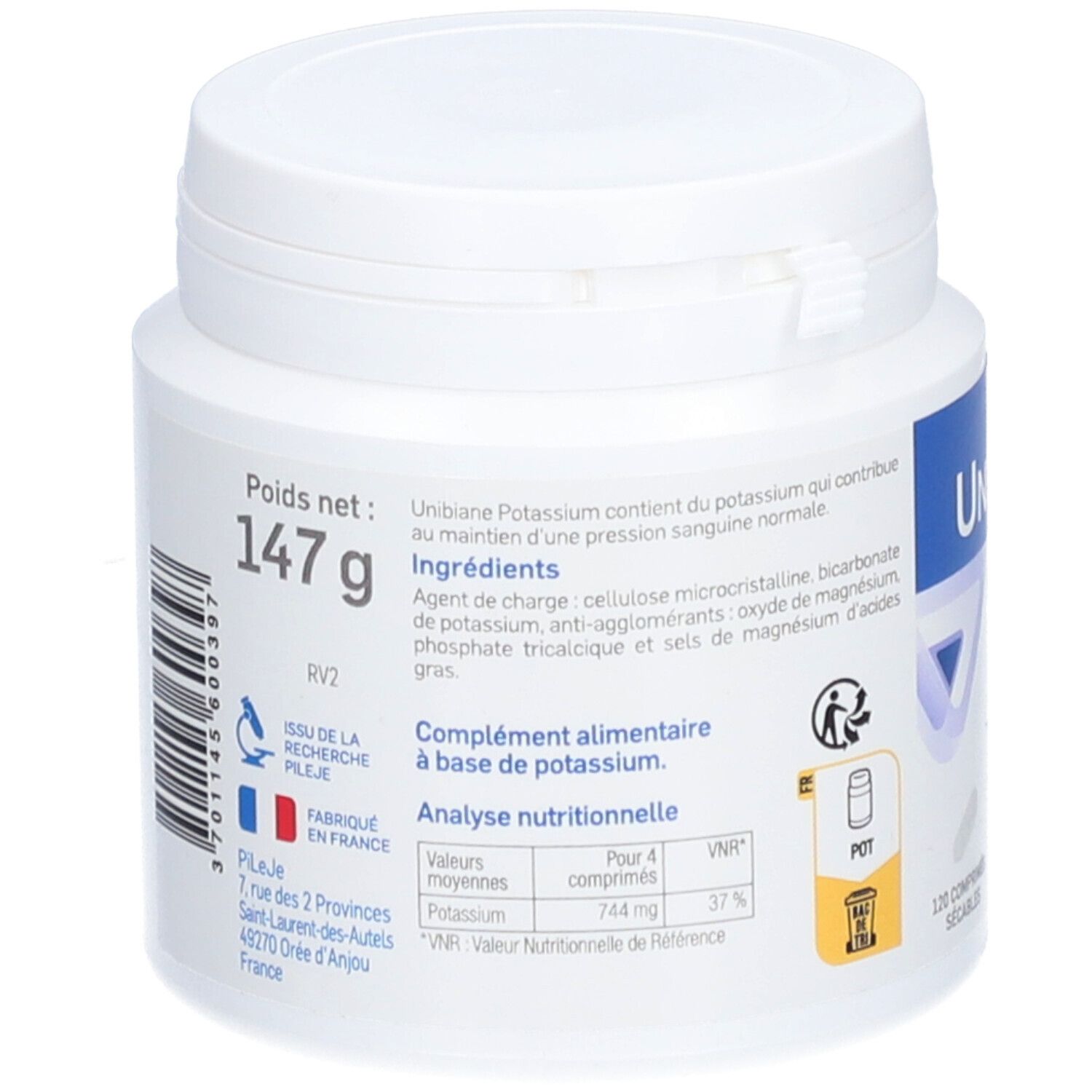 Rückseite der weißen Dose. Aufschrift: UNIBIANE Potassium. Inhaltsstoffe, Nährwertanalyse. Gewicht: 147 g. Marke: PiLeJe.