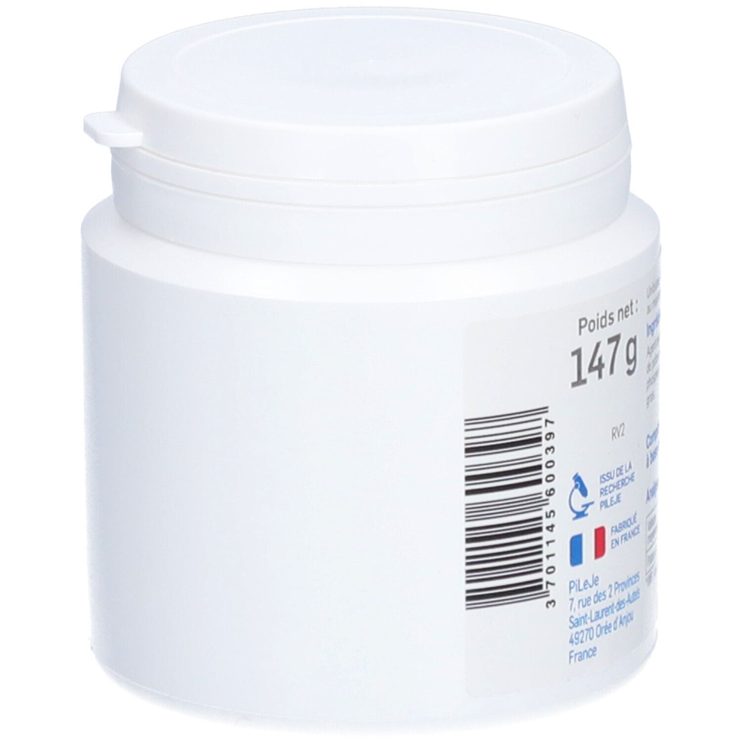 Weiße Dose, Rückseite. Barcode und Informationen. Gewicht: 147 g. Hergestellt in Frankreich. Marke: PiLeJe.