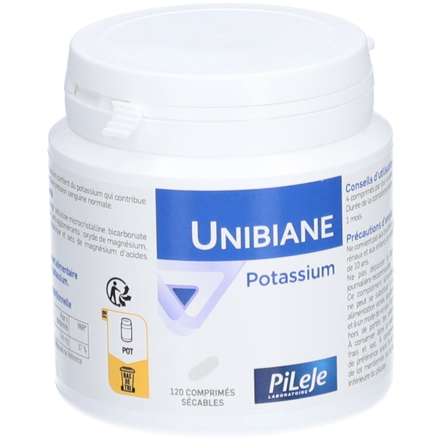 Weiße Dose mit blauem Etikett. Aufschrift: UNIBIANE Potassium. 120 Tabletten. Marke: PiLeJe. Detailansicht.