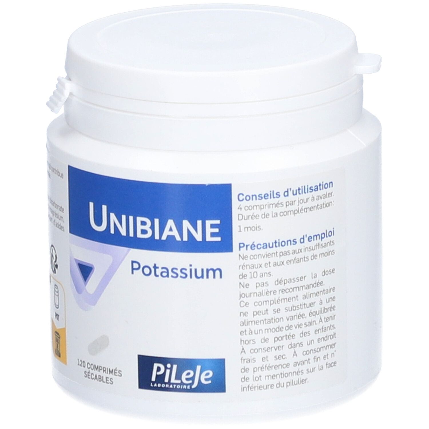 Weiße Dose mit blauem Etikett. Aufschrift: UNIBIANE Potassium. 120 Tabletten. Marke: PiLeJe. Nahaufnahme.