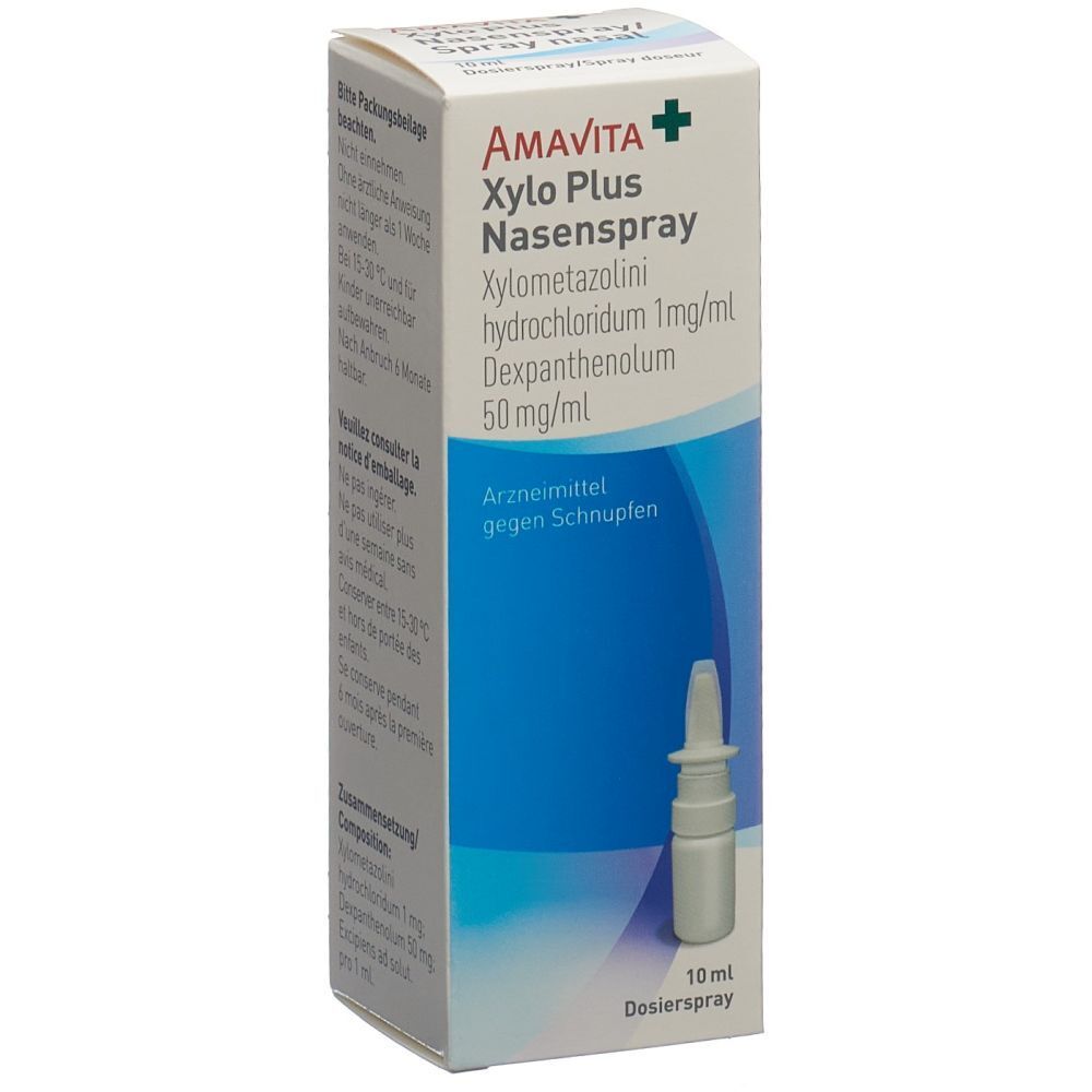 Nasenspray-Packung. AMAVITA Xylo Plus. Enthält Xylometazolin und Dexpanthenol. 10 ml Dosierspray.