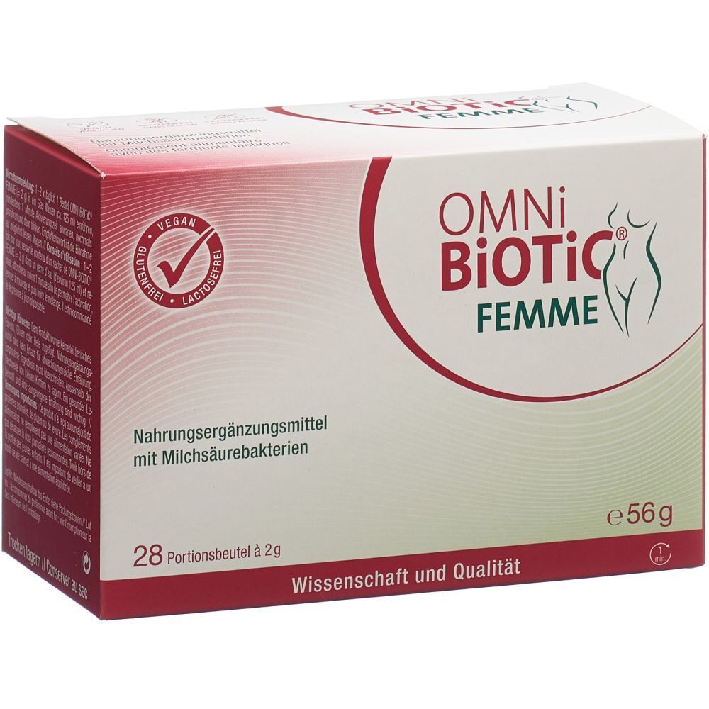 Boîte OMNi-BiOTiC Femme. Boîte rouge et blanche avec nom du produit, logo et informations. Label végétalien.