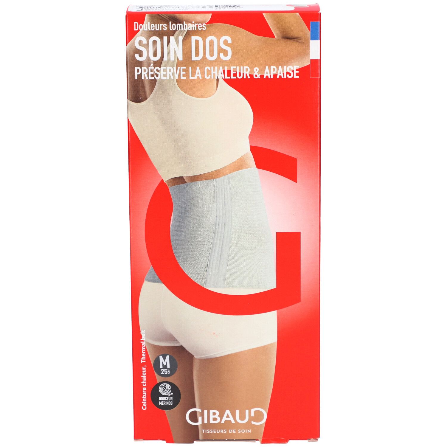 Illustration du produit sur l'emballage. Ceinture lombaire, anthracite, taille M. Inscription : SOIN DOS, GIBAUD.