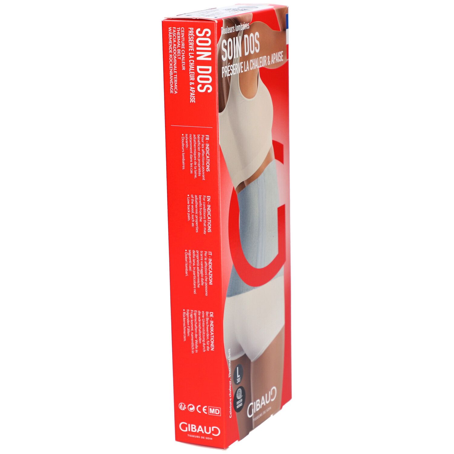 Rote Produktverpackung, Seitenansicht. Text « SOIN DOS » und GIBAUD Logo. Produktabbildung.