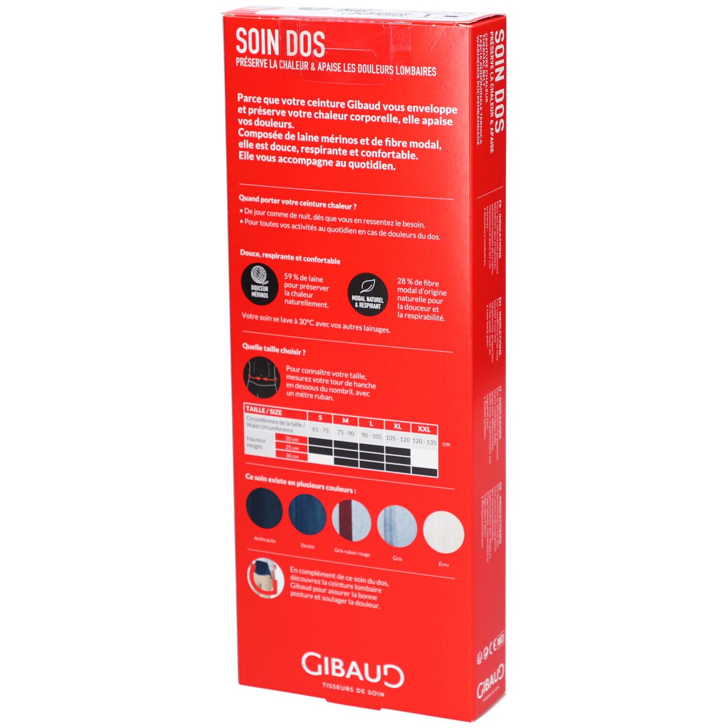 Rückseite der Produktverpackung. Text und Grafiken. GIBAUD Logo. Größentabelle und Farbauswahl.