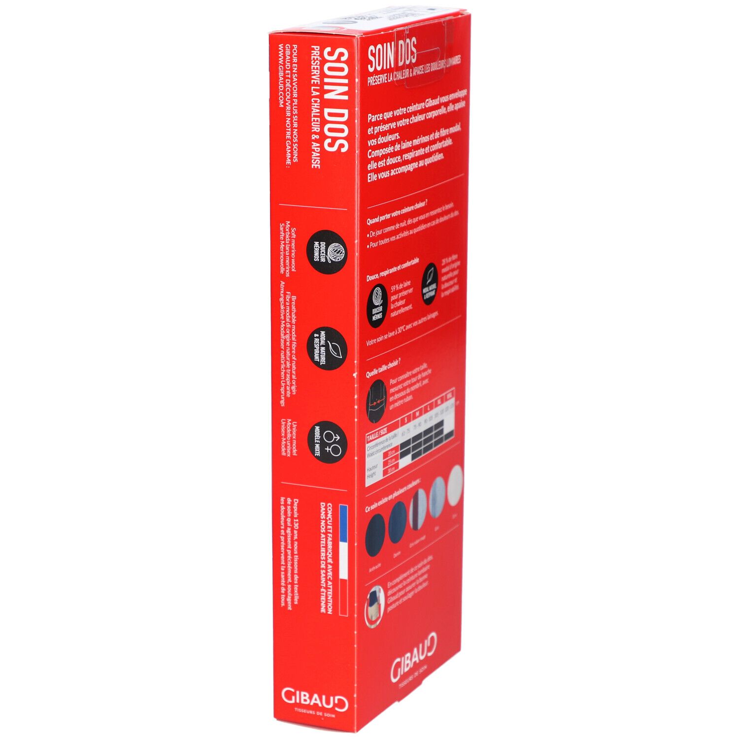 Seitenansicht der Produktverpackung. Text und Grafiken. GIBAUD Logo. CE-Kennzeichnung.