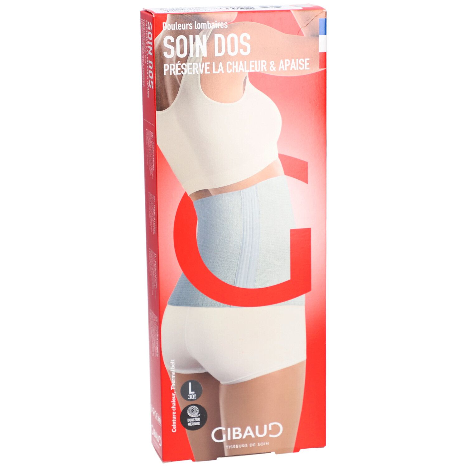 Produktverpackung mit Produktabbildung. Roter Karton mit Produktbild und Text. GIBAUD Logo unten.