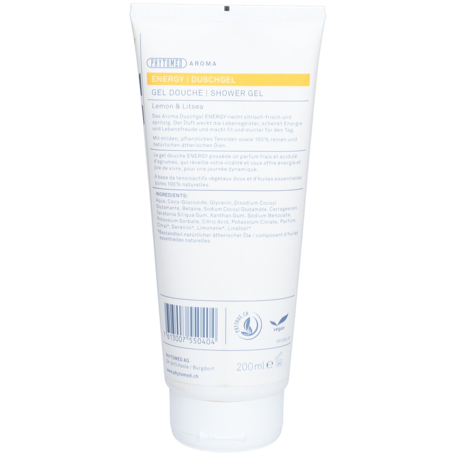 Rückseite der Tube. Text: ENERGY / DUSCHGEL / SHOWER GEL, Zitrone & Litsea. Inhaltsstoffe und Logos.