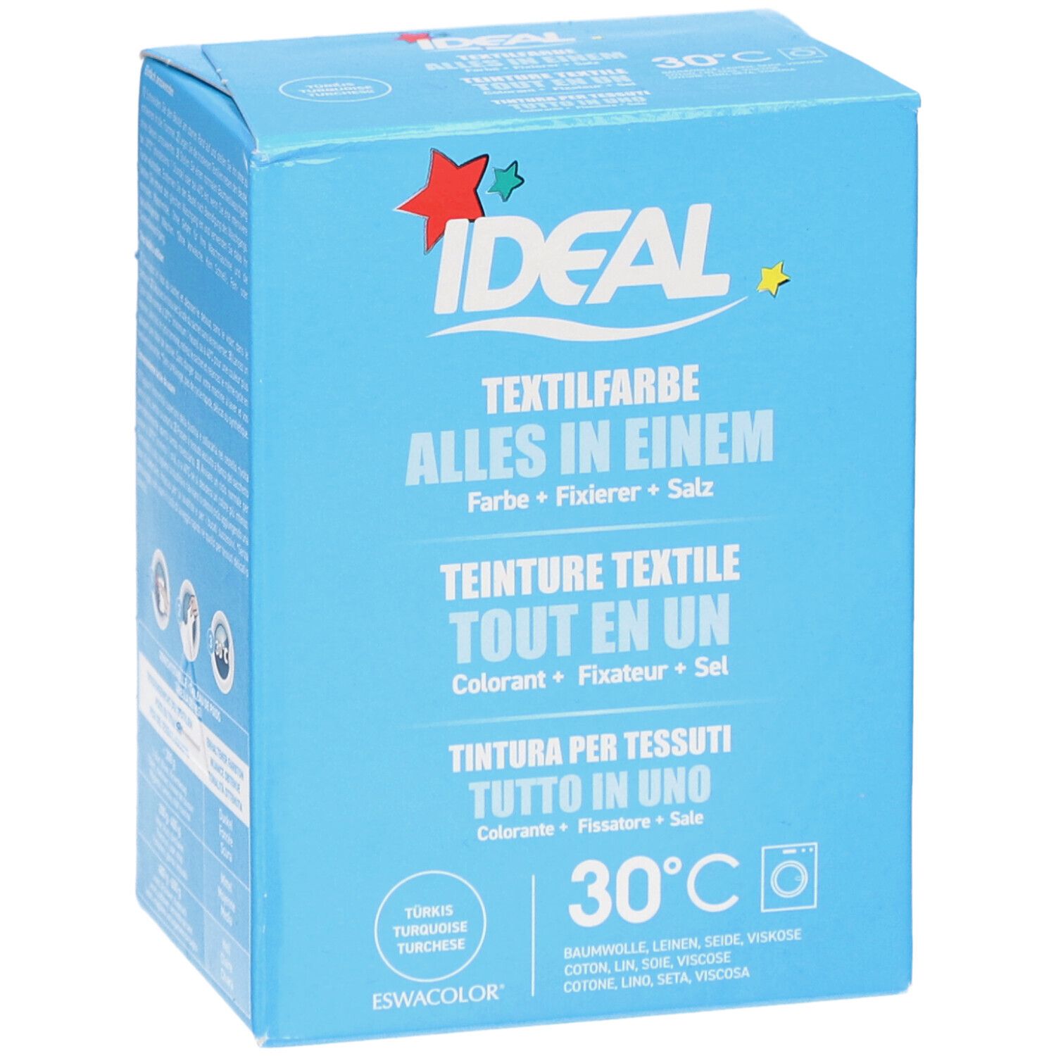 Hellblaue Schachtel IDEAL Textilfarbe. Aufschrift: Alles in Einem, Farbe, Fixierer, Salz. Waschsymbol 30°C. Türkis. Produktansicht.