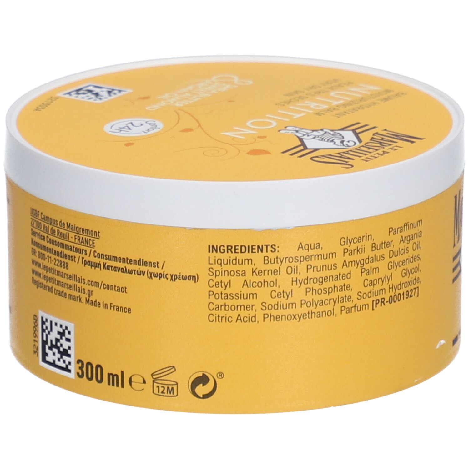 Gelbe Dose mit weißem Deckel. Aufschrift: LE PETIT MARSEILLAIS, NUTRITION. Zutatenliste. 300 ml. 12M-Symbol.