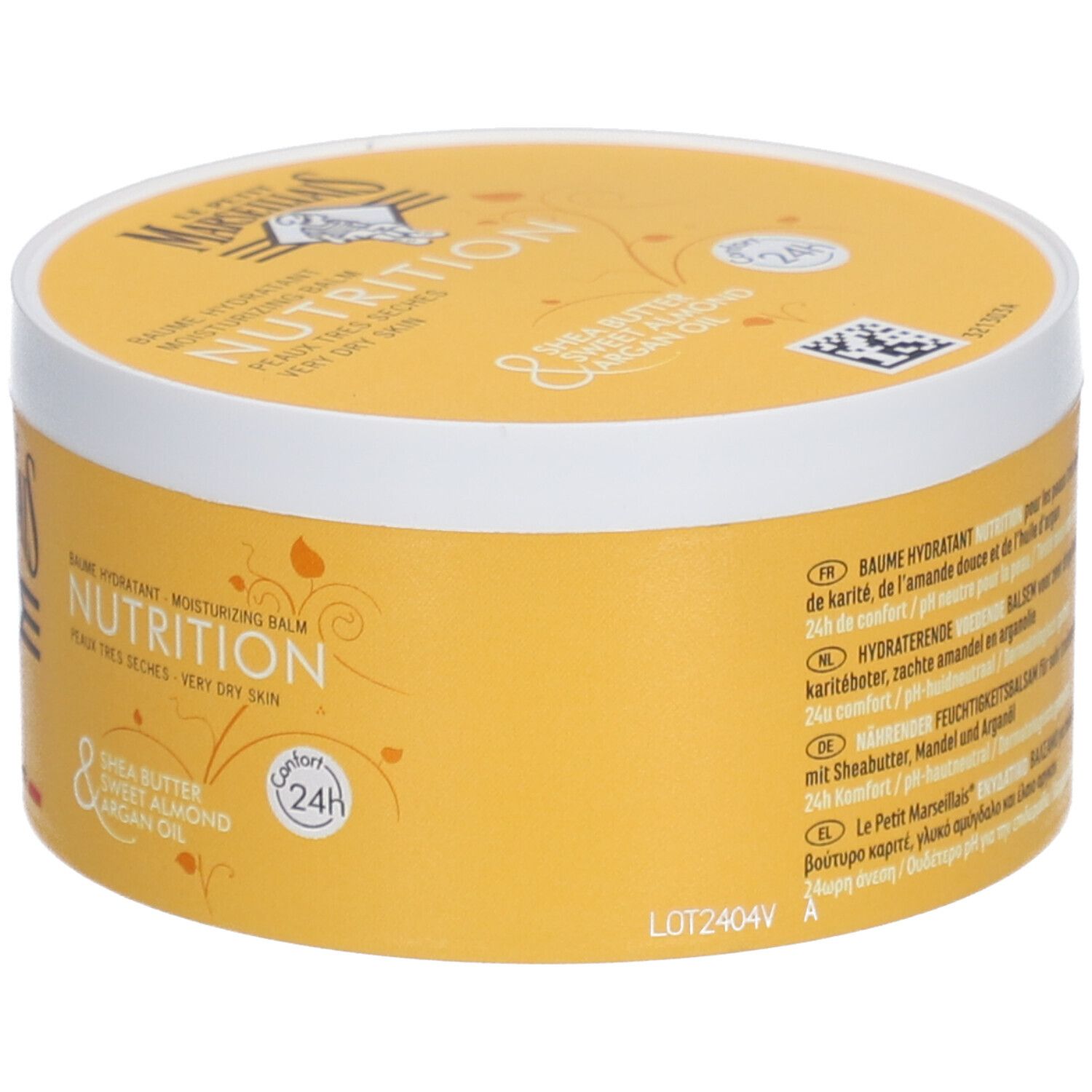 Gelbe Dose mit weißem Deckel. Aufschrift: NUTRITION, Sheabutter, Süßmandelöl, Arganöl. 24H-Symbol. Mehrsprachige Texte.