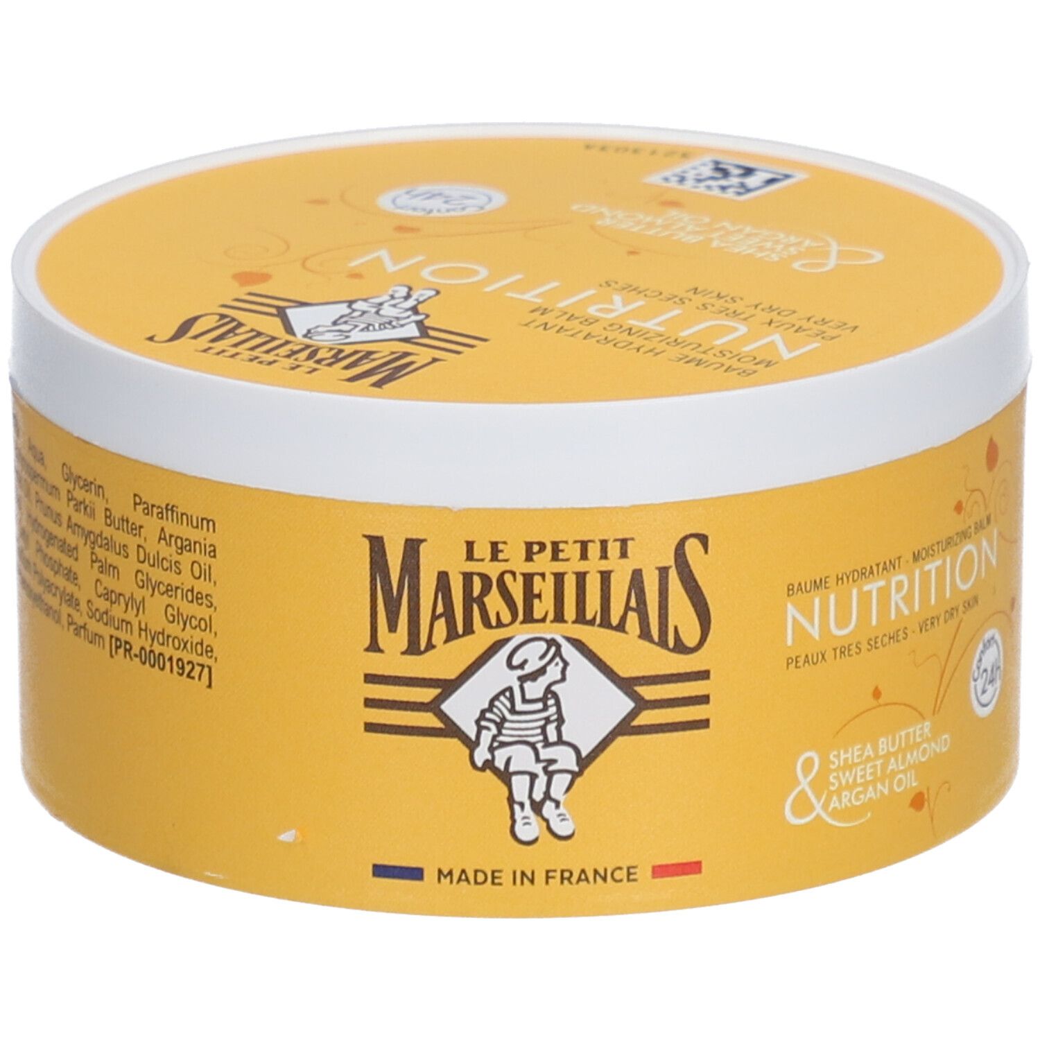 Gelbe Dose mit weißem Deckel. Aufschrift: LE PETIT MARSEILLAIS, NUTRITION, Sheabutter, Süßmandelöl, Arganöl. Französische Flagge.
