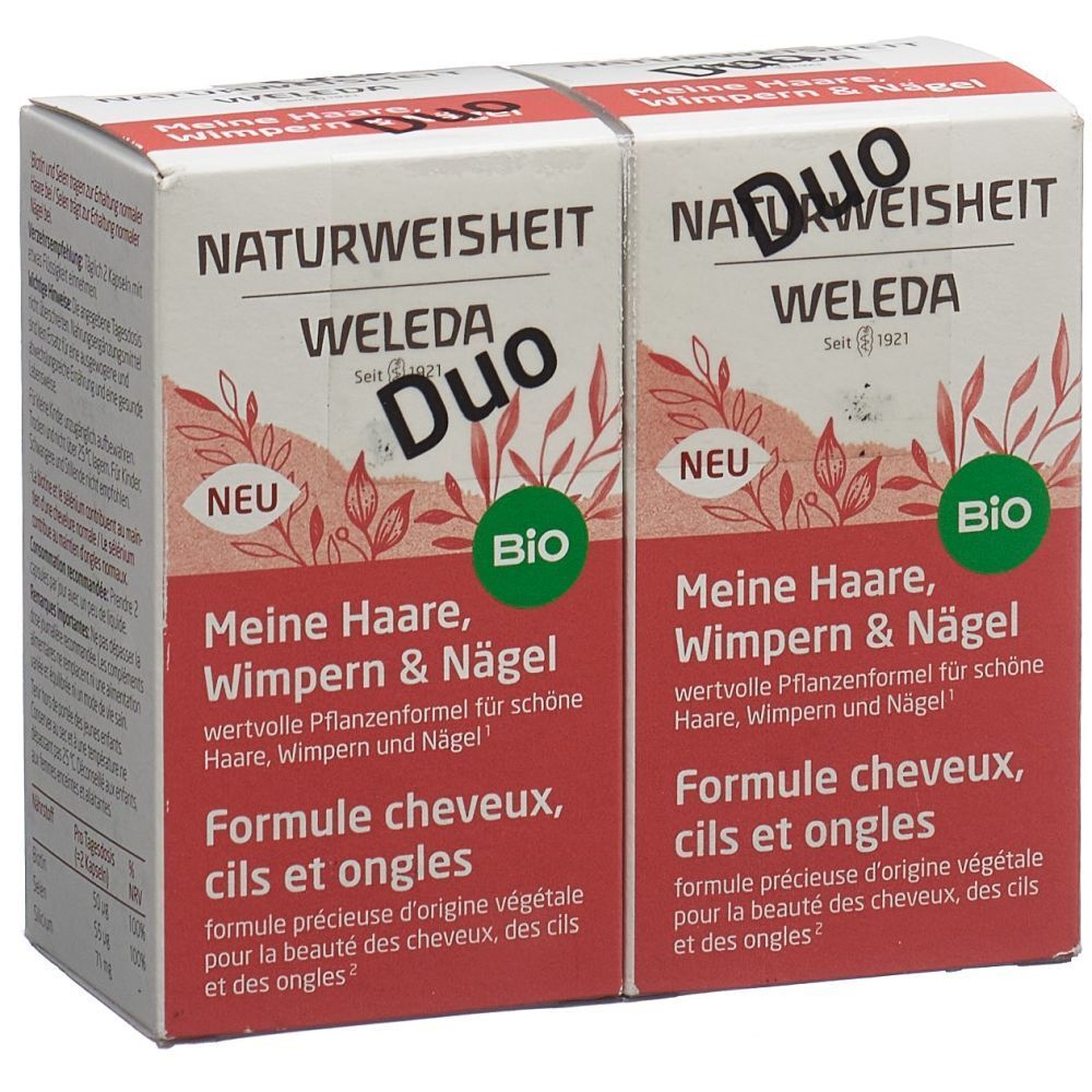 Zwei Kartons WELEDA Naturweisheit. Aufschrift: Meine Haare, Wimpern & Nägel. Duo-Packung. Bio-Siegel.