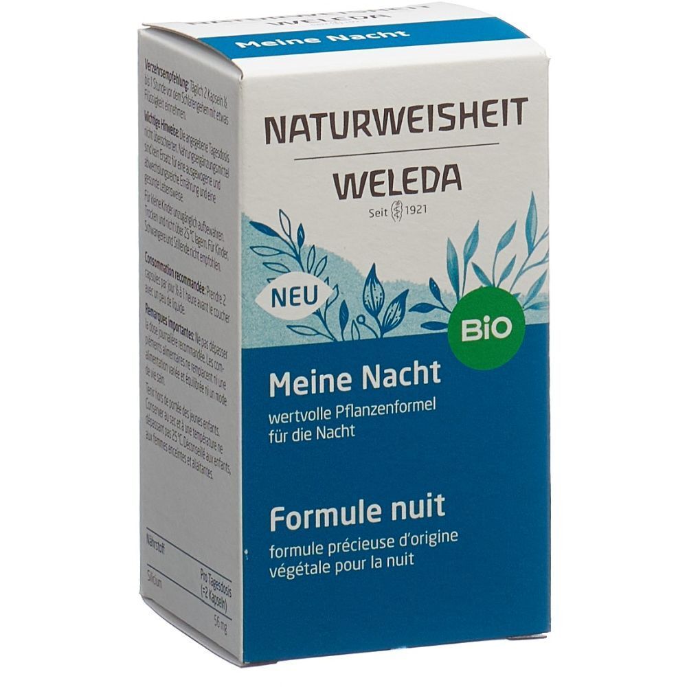 Weleda Meine Nacht. Karton mit Produktinformationen. Bio-Siegel. Blaue und weiße Verpackung.