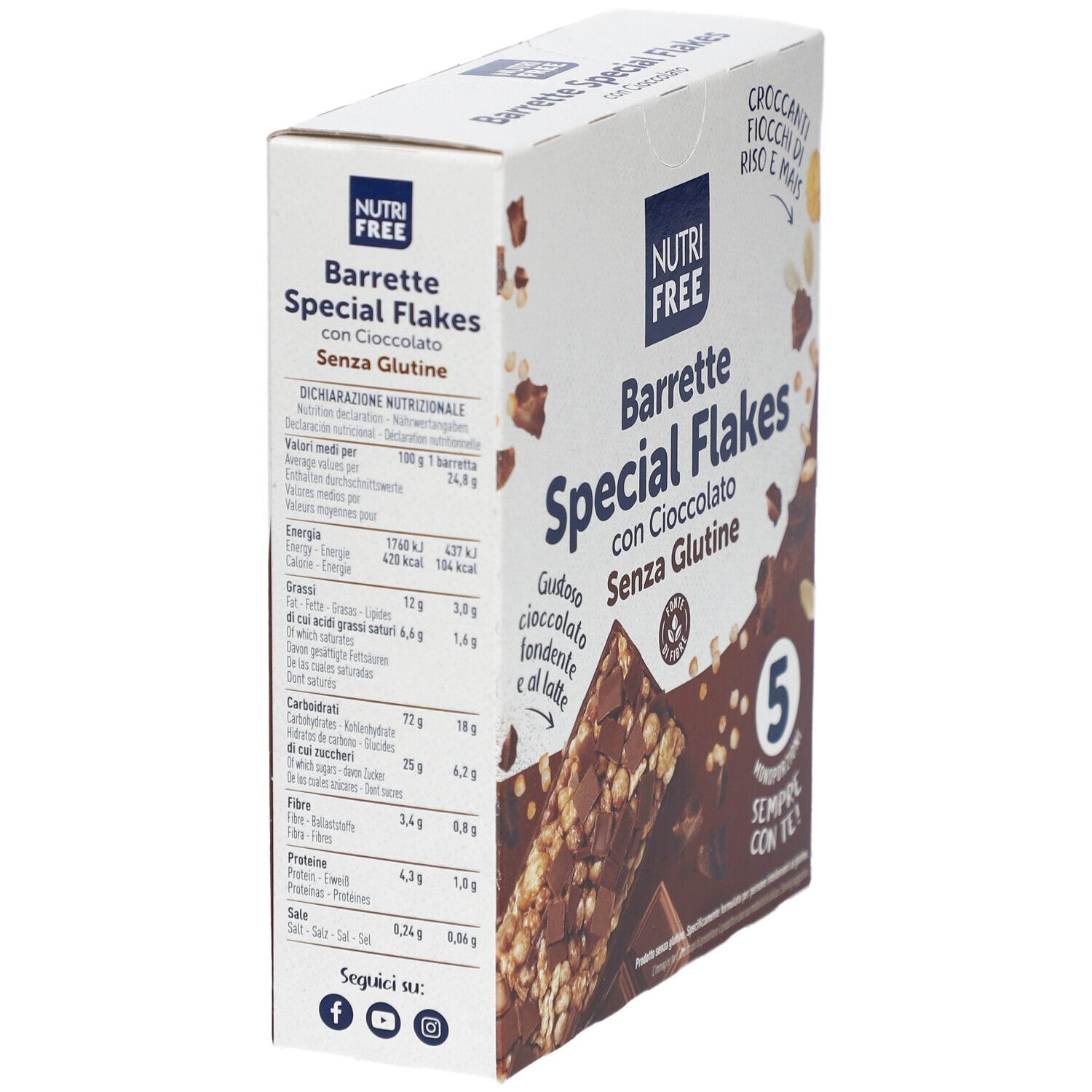 Schachtel mit NUTRIFREE Special Flakes. Seitenansicht mit Nährwertangaben und Produktnamen. Text auf Italienisch.