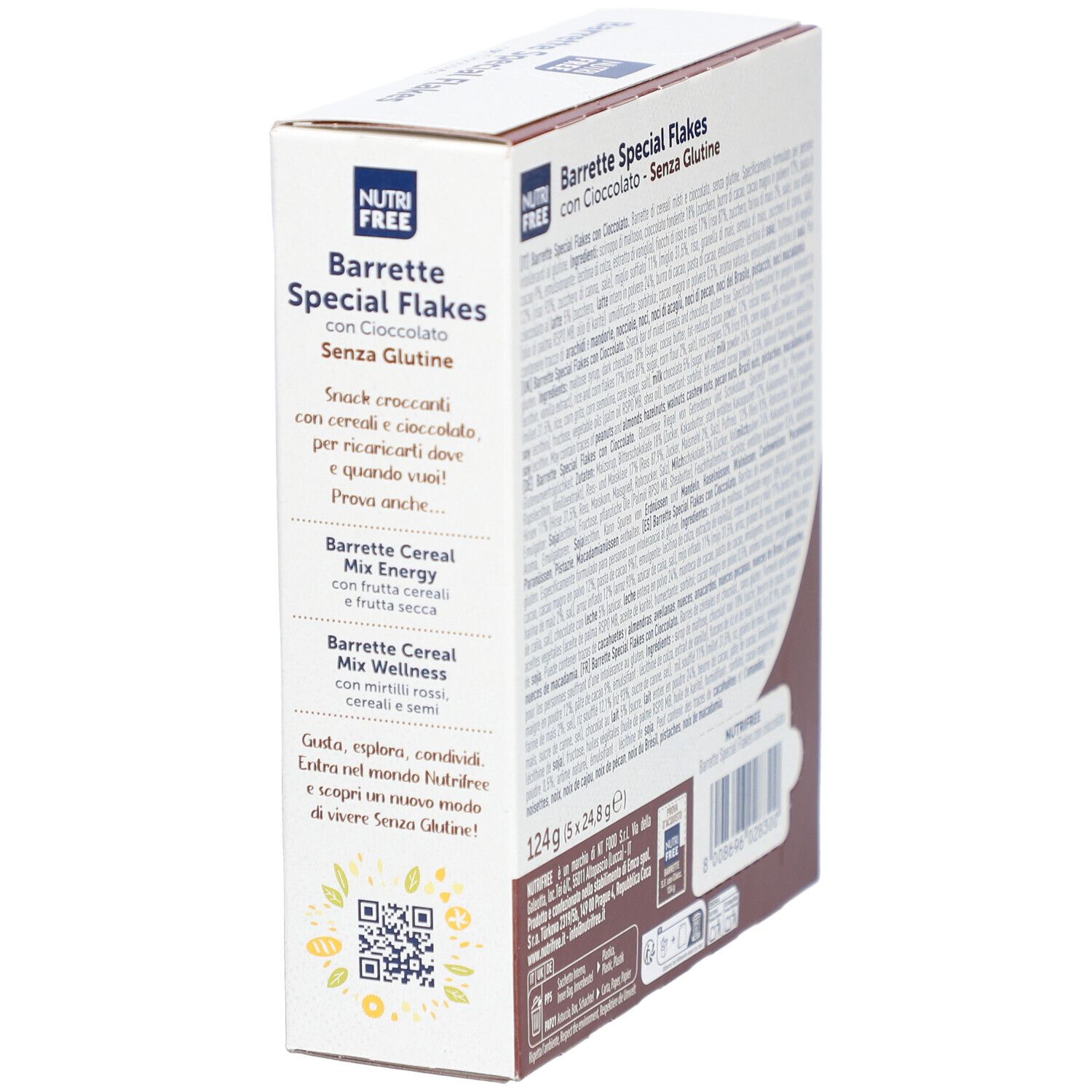 Schachtel mit NUTRIFREE Special Flakes. Seitenansicht mit Produktnamen und Text. QR-Code und Produktabbildung.