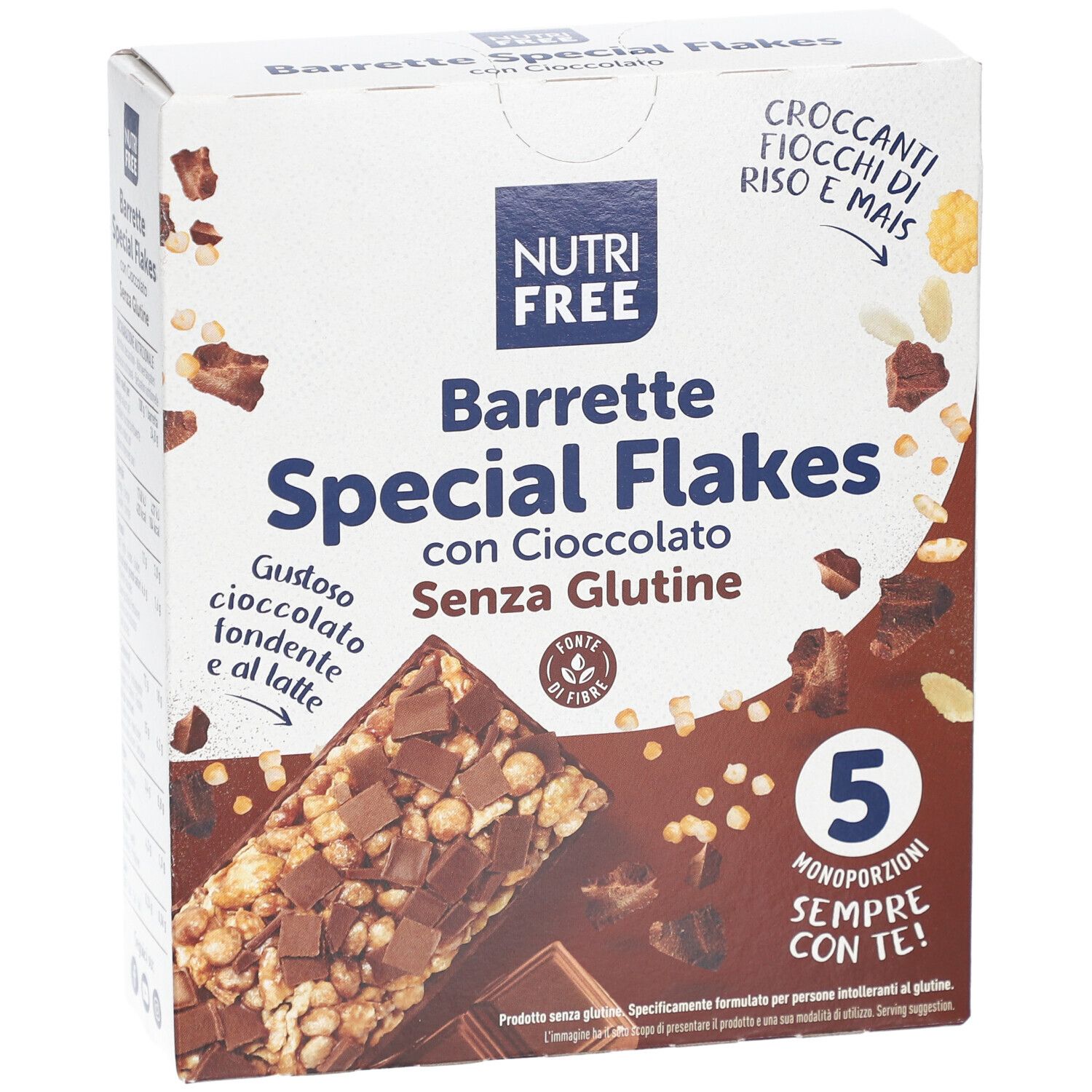 Schachtel mit NUTRIFREE Special Flakes. Aufdrucke: Barrette, Schokolade, glutenfrei, 5 Portionen. Abbildung eines Riegels.