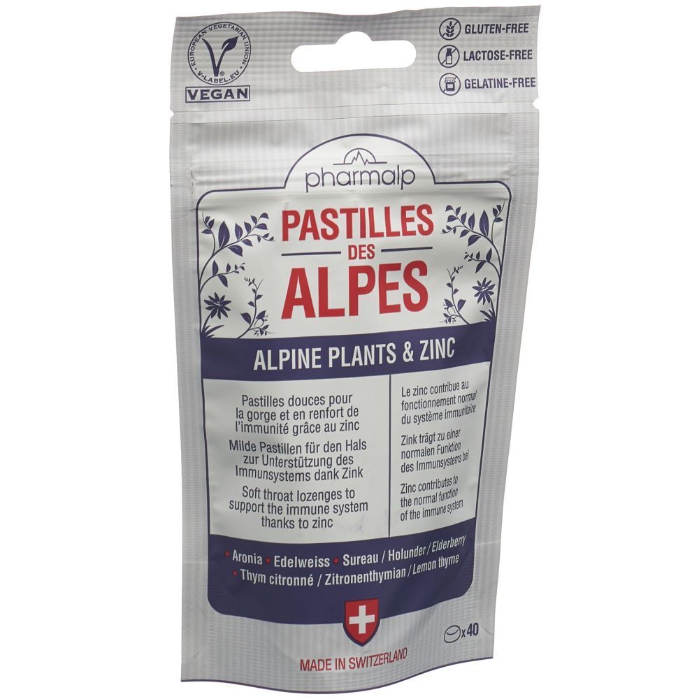 Beutel mit Pastillen. Aufschrift: "pharmalp PASTILLES DES ALPES ALPINE PLANTS & ZINC". Vegan-Siegel. Gluten-, Laktose- und Gelatinefrei.