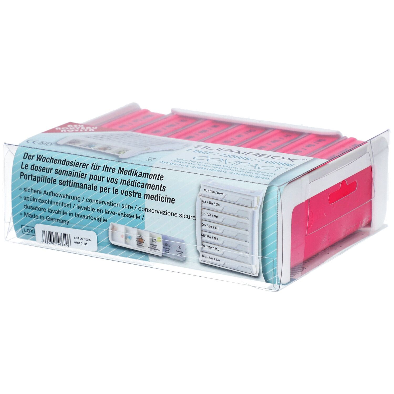 Rosa SUPERBOX Semainier, Wochen-Dosierer für Medikamente, in transparenter Verpackung. Enthält sieben separate Fächer.