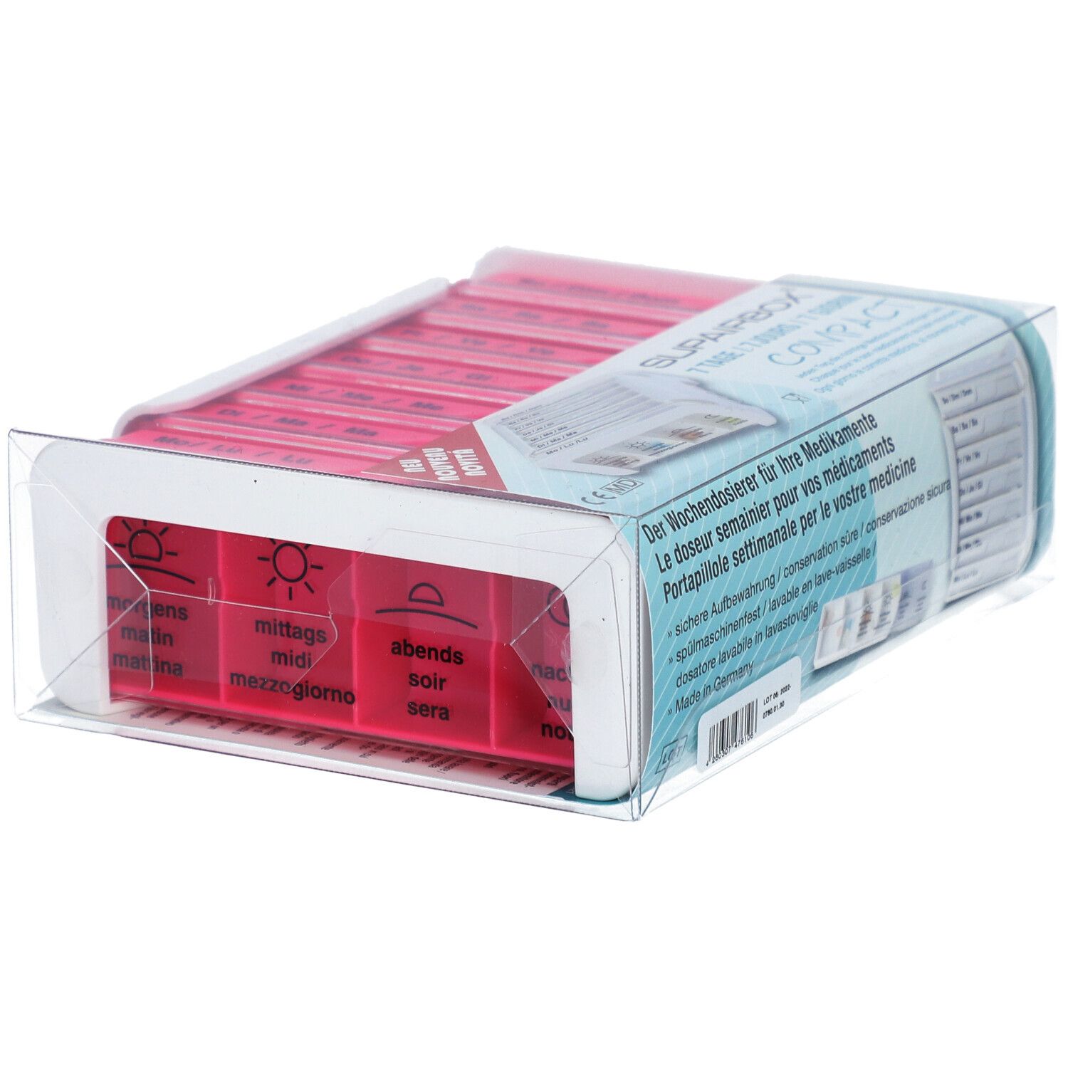 Rosa SUPERBOX Semainier, Wochen-Dosierer für Medikamente, in Verpackung. Fächer mit Tageszeiten beschriftet. Transparente Verpackung.