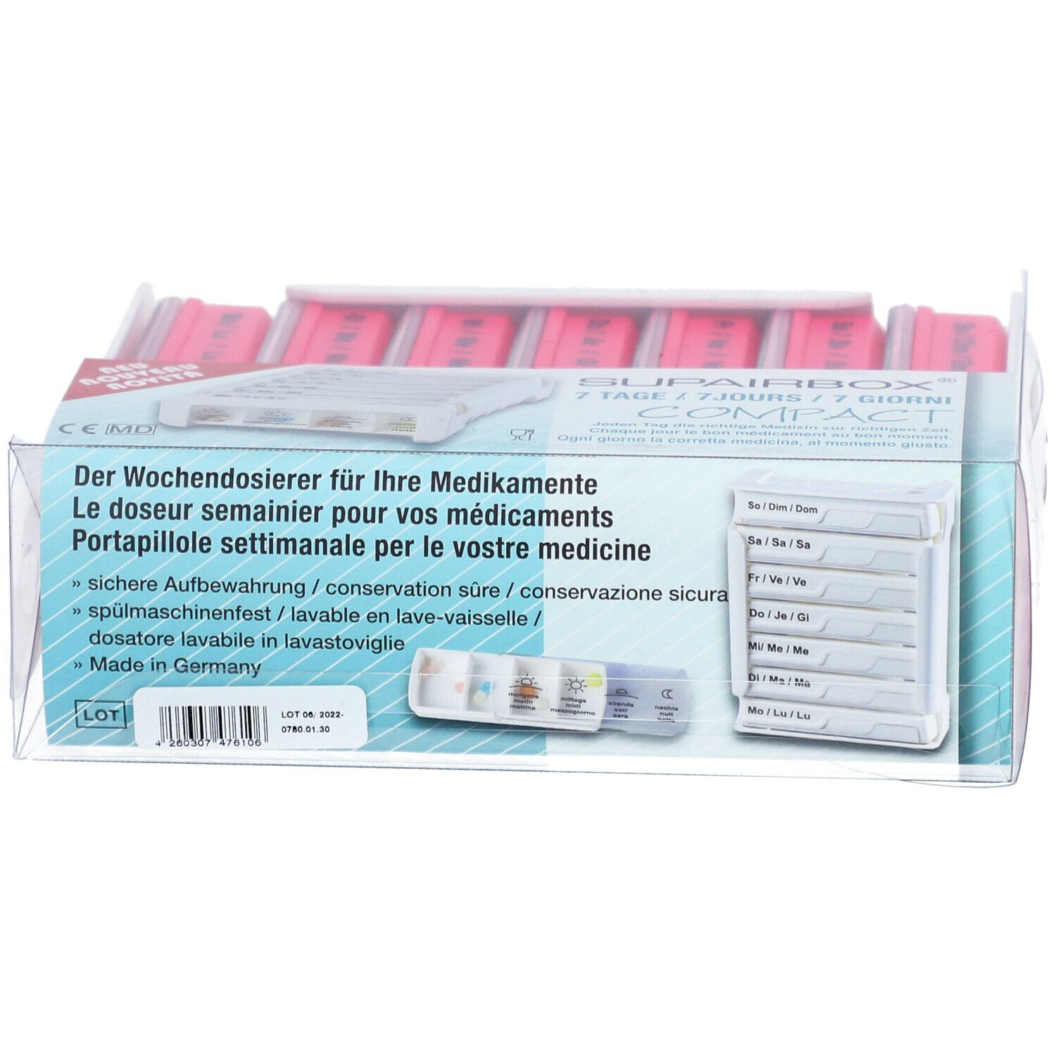 SUPERBOX Semainier, Wochen-Dosierer für Medikamente, in Verpackung. Rosa Fächer, transparente Verpackung. Text auf Verpackung.