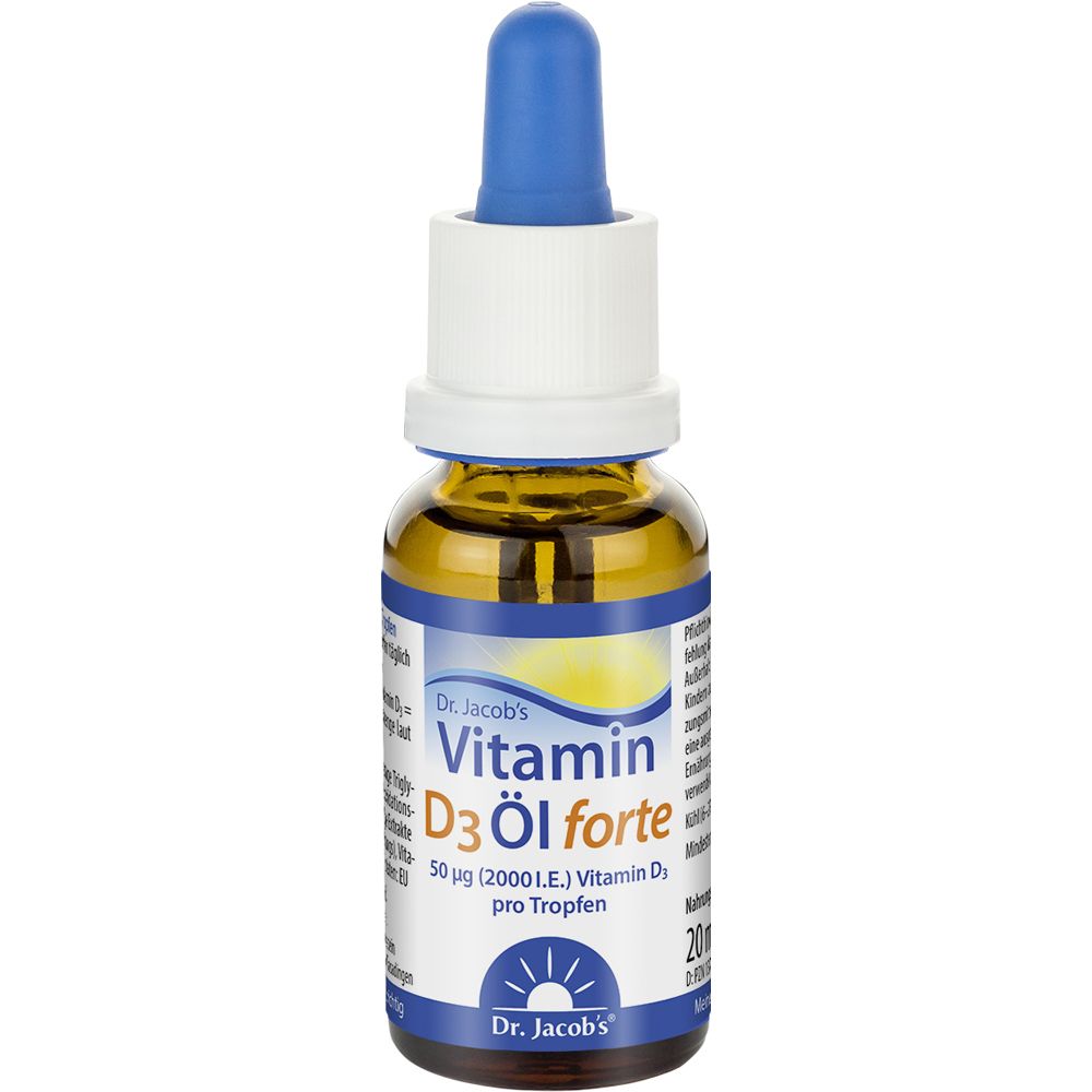 Braune Glasflasche mit blauer Pipette. Beschriftung: Vitamin D3 Öl forte. 20 ml.