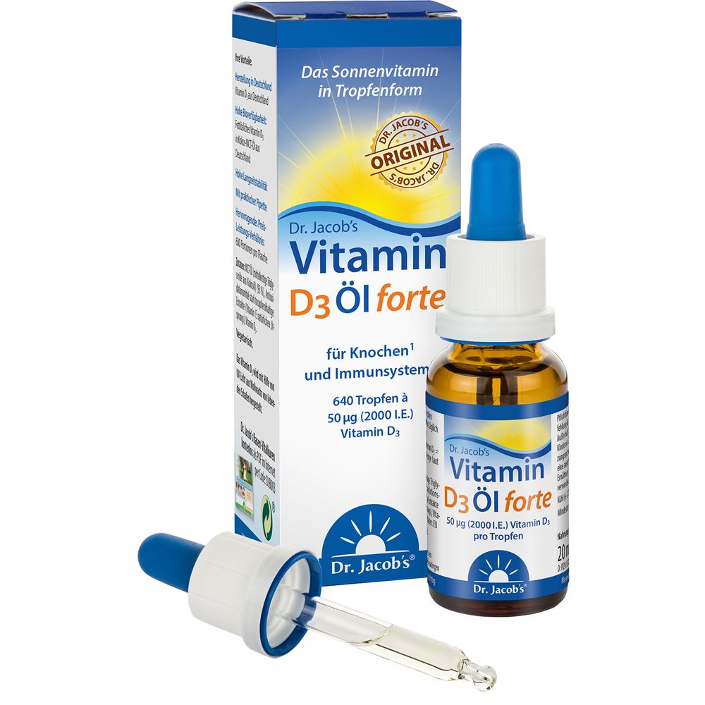 Produktverpackung und Flasche. Beschriftung: Vitamin D3 Öl forte. Mit Pipette.